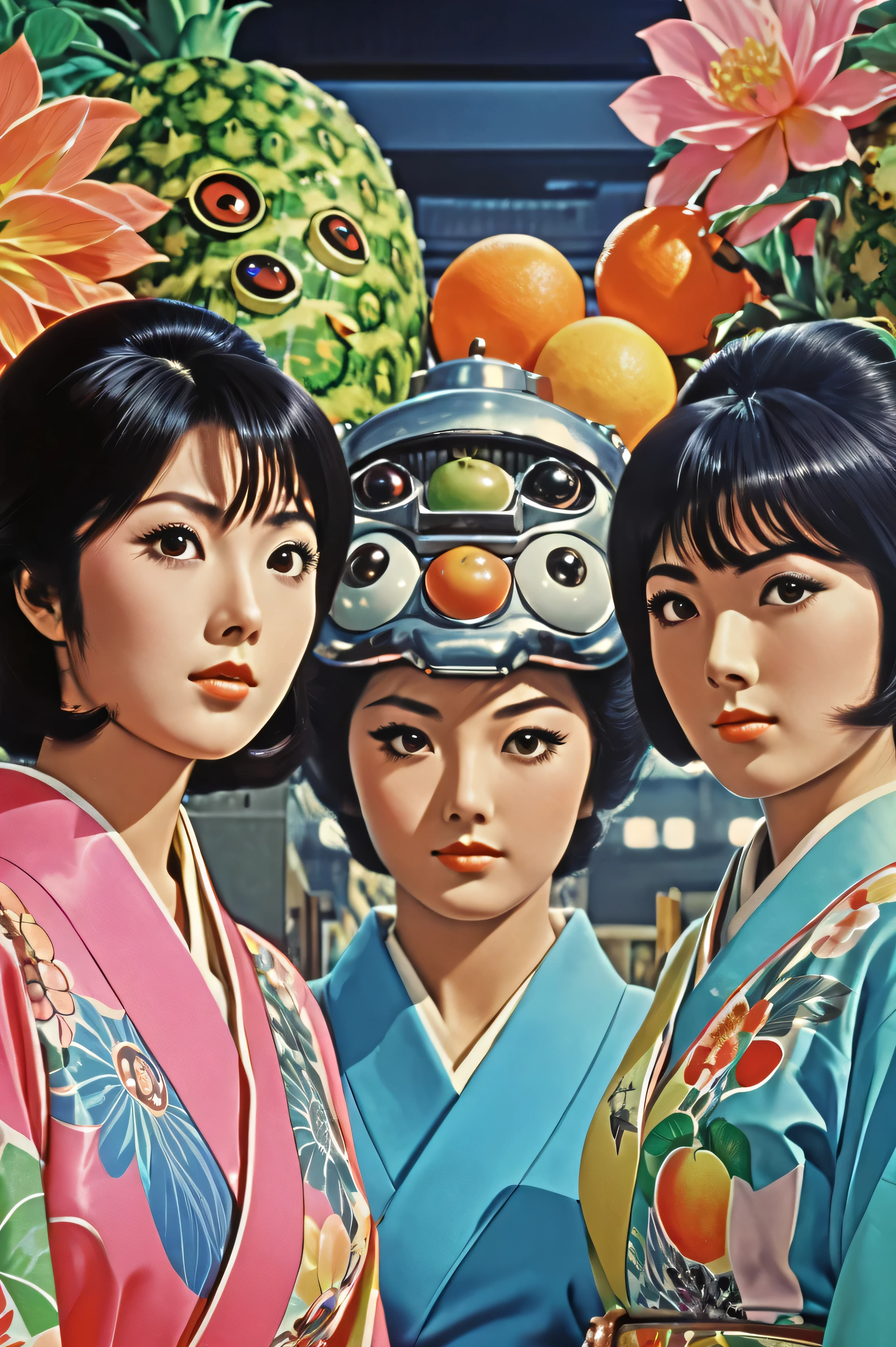 Manga characters, 1970's comic art , 1970's Japanese TV show monster, detailed Digital Paint, bright color, dynamic composition , Dramatic lighting, vintage aesthetics , ( top quality,4K,8k, high definition ,masterpiece:1.2), {{more}} ,( realistic ,photo realistic ,photo- realistic :1.37), Extremely Detailed Eyes and Faces , has long eyelashes, Beautifully Drawn , dynamic composition ,Dramatic lighting, bright color, retro anime style poster 、 retro futuristic ,1960s anime , 1970's Japanese TV , Tsuburaya Productions , cross section of a variety of fruit , many beautiful kimono ladies , SFX transformation hero , Manga art, Digital Paint