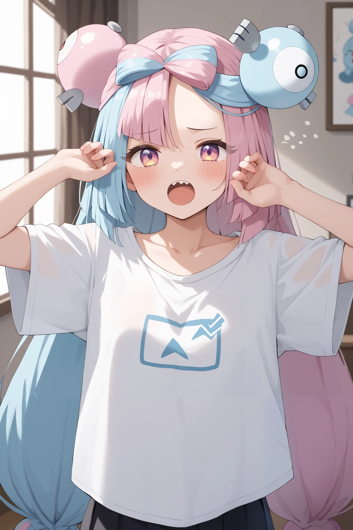 NSFW,masterpiece, top quality , high res, very detailed,Pokemon Iono、 blue hair、Bow-shaped hair、キャラクターの hair ornament、 hair ornament、 long hair、低く結んだ long hair、Multicolored Hair、 pink hair、 split color hair、 twin tails、 two-tone hair 、 pink eyes, oversized shirt,Baggy shirt, shoulder out,Long hem,Just the shirt,sleepy,yawn, living room