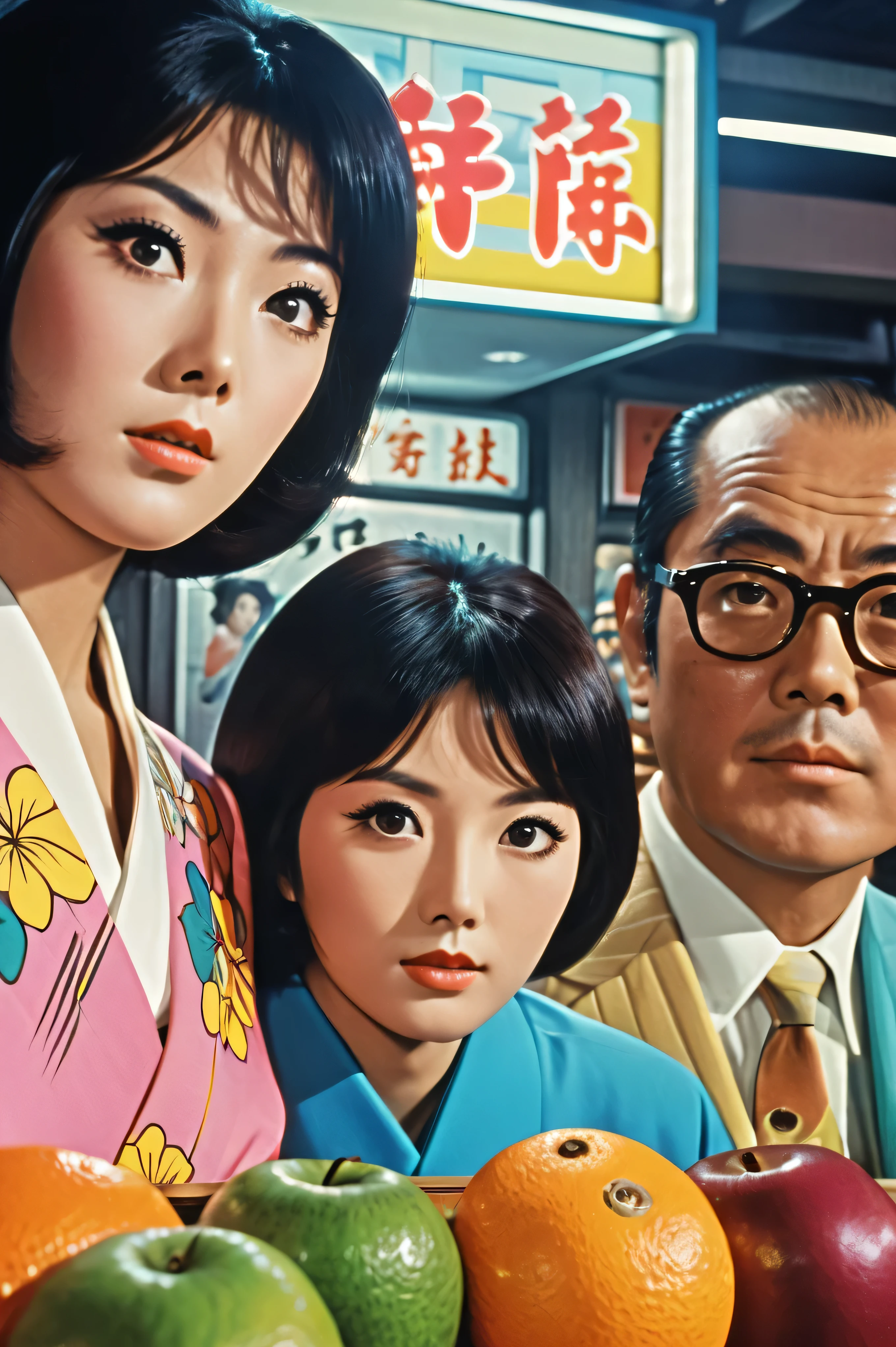 Manga characters, 1970's comic art , 1970's Japanese TV show monster, detailed Digital Paint, bright color, dynamic composition , Dramatic lighting, vintage aesthetics , ( top quality,4K,8k, high definition ,masterpiece:1.2), {{more}} ,( realistic ,photo realistic ,photo- realistic :1.37), Extremely Detailed Eyes and Faces , has long eyelashes, Beautifully Drawn , dynamic composition ,Dramatic lighting, bright color, retro anime style poster 、 retro futuristic ,1960s anime , 1970's Japanese TV , Tsuburaya Productions , cross section of a variety of fruit , many beautiful kimono ladies , SFX transformation hero , Manga art, Digital Paint