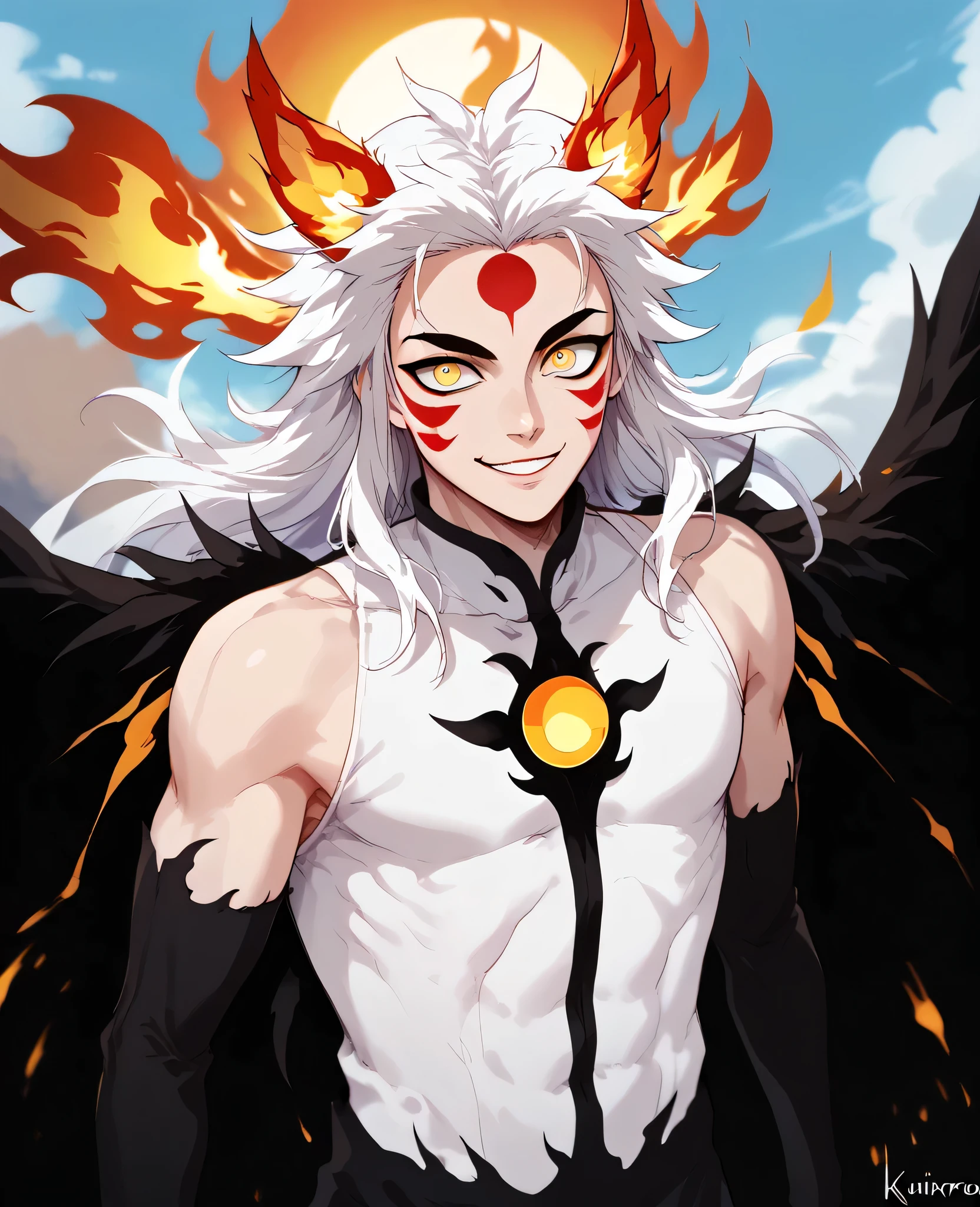 man, flaming hair, white skin, jentry chau style, anime style, fire powers, yellow eyes, white hair, third eye on forehead, sky, smile, kitsune style, strong, Kyojuro Rengoku, cat eyes, eye on forehead, claws covered in fire, red face paint, sun