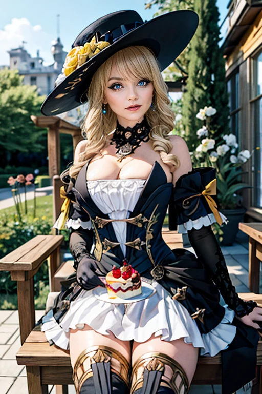 Alice in Wonderland, Lisa from BLACKPINK as Alice, dark fantasy, Final Fantasy, Tokyo Ghoul, large breasts, one girl, tattoos and piercings, goth girl Lolita, focus on chest, perfect view, tea party with the handsome Johnny Depp as the Mad Hatter from Alice in Wonderland, detailed, high definition, high resolution, sfw, exposed breasts, busty, six pack abs, fit, toned body, slim waist Alice, huge feast on table, outdoor tea party, masterpiece