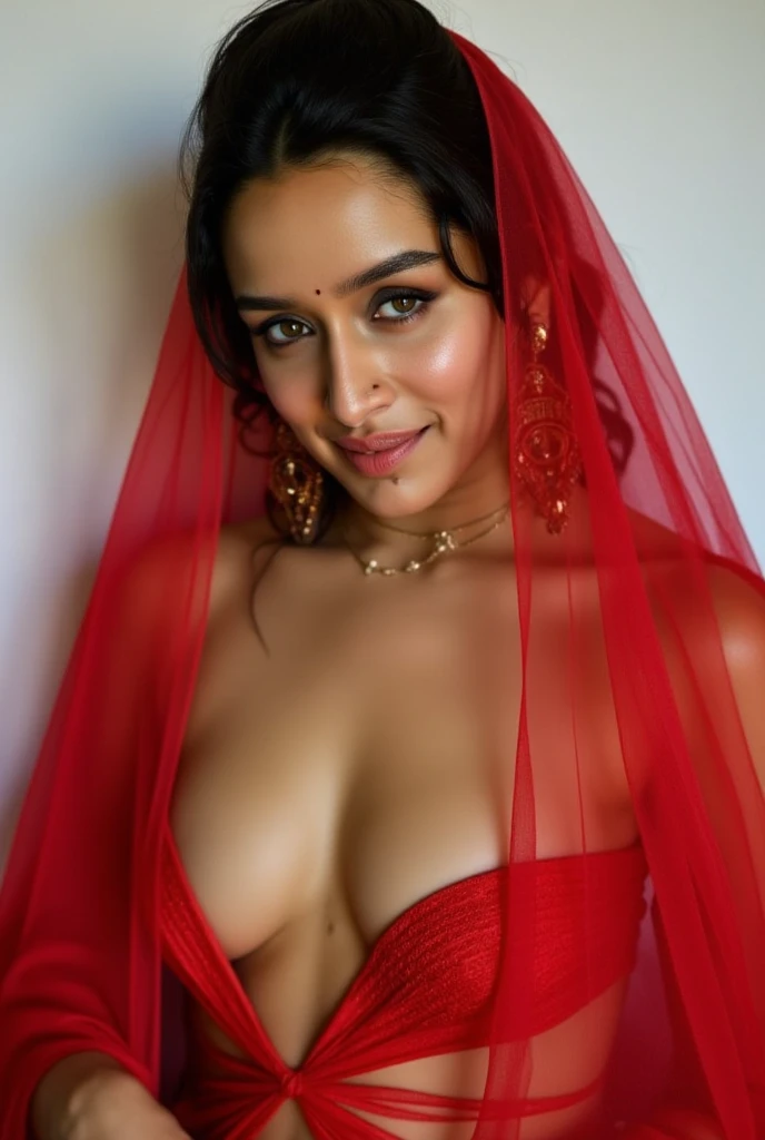 (masterpiece, best quality:1.2), ketika, 1girl, solo, stunning beauty,sexy indian, nude, body facing camera, ear ring, navel ring, wearing red bridal veil, nude, breasts visible, showing breasts,