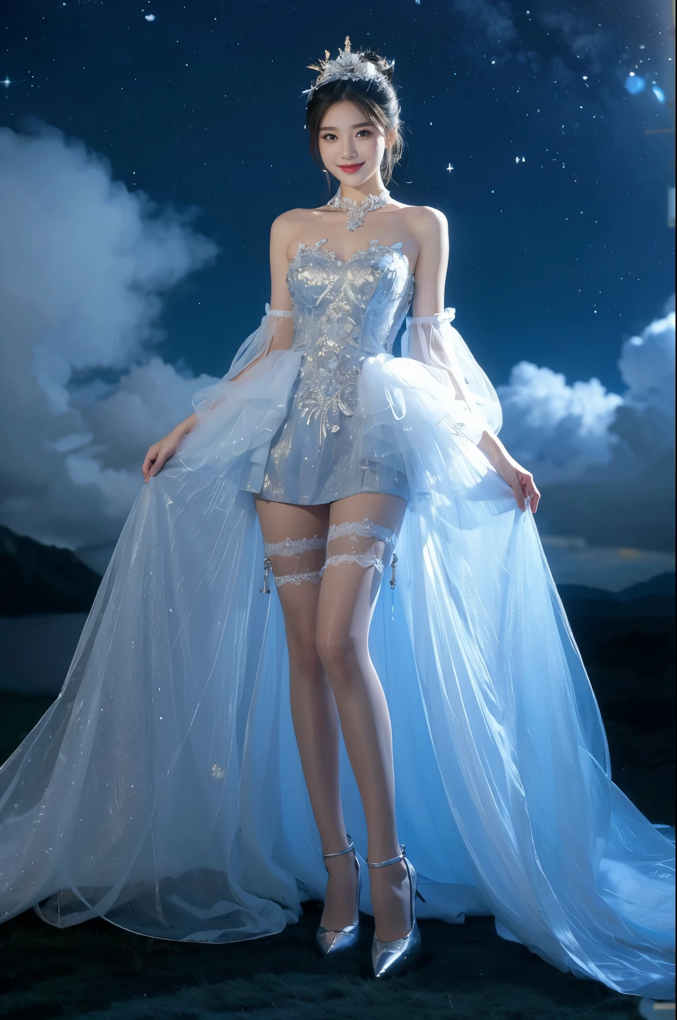 blue dress,long dress,bare shoulders,strapless, Beautiful dance dynamics, Sitting,Long legs , ((Flowing long hair))Official Art , Unity8k Wallpaper , Extremely detailed , Visible cleavage, Pretty and beautiful , Sexy long legs, masterpiece , best quality ,Practical, Very detailed illustrations ,Extremely detailed , Intricate details , Extremely complex and detailed , Very detailed 8KCG wallpaper , Caustics .reflection , Ray Tracing , Devil Theme ,nebula ,Dark aura, Network Effects , (1 Girl)Solitary , 小蓝Butterfly , Dozens of monarch butterflies around , (Blue plasma flame , (insect , Butterfly)) 圣光Butterfly天使 , Butterfly翅膀 , Pastel tones in Rococo style ,Light white and light dark red , Incredibly beautiful , Cherry blossoms , Surrealism ,painting , Ethereal , Mixing reality and fantasy elements ,Ray Tracing , Complex patterns , Delicate lines , Perfect your hands, Starry Sky , rich and colorful , Star