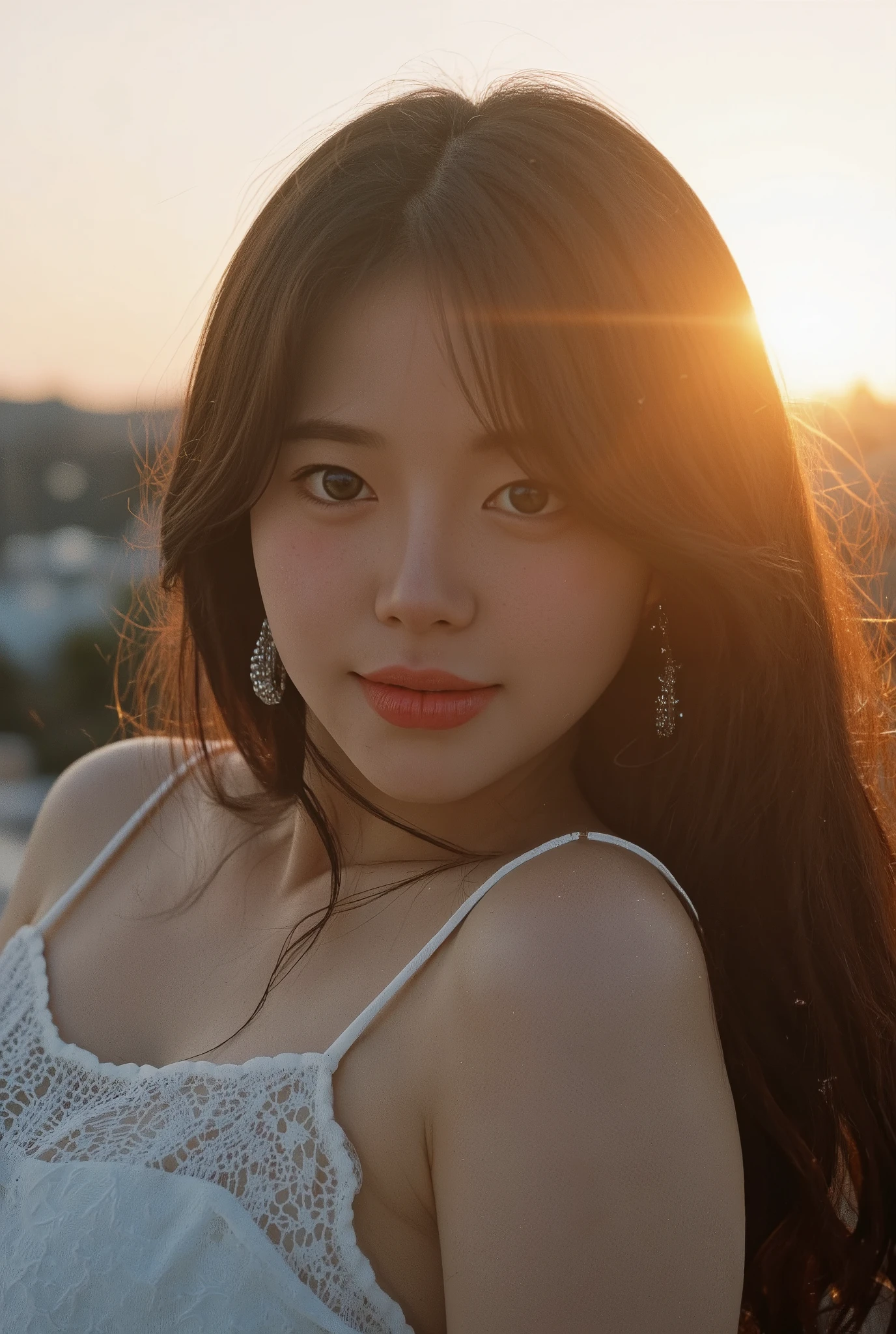 masterpiece, Smiling Korean 1girl, long hair, light-brown hair, silver ornaments, best quality, 80s dark fantasy movie still, muted colors, dim colors, soothing tones, pea-green eyes, half shut eyes, floating snow particles, lace dress, shinny earrings, parted lips, pink lips, sunset light rays, lens flare