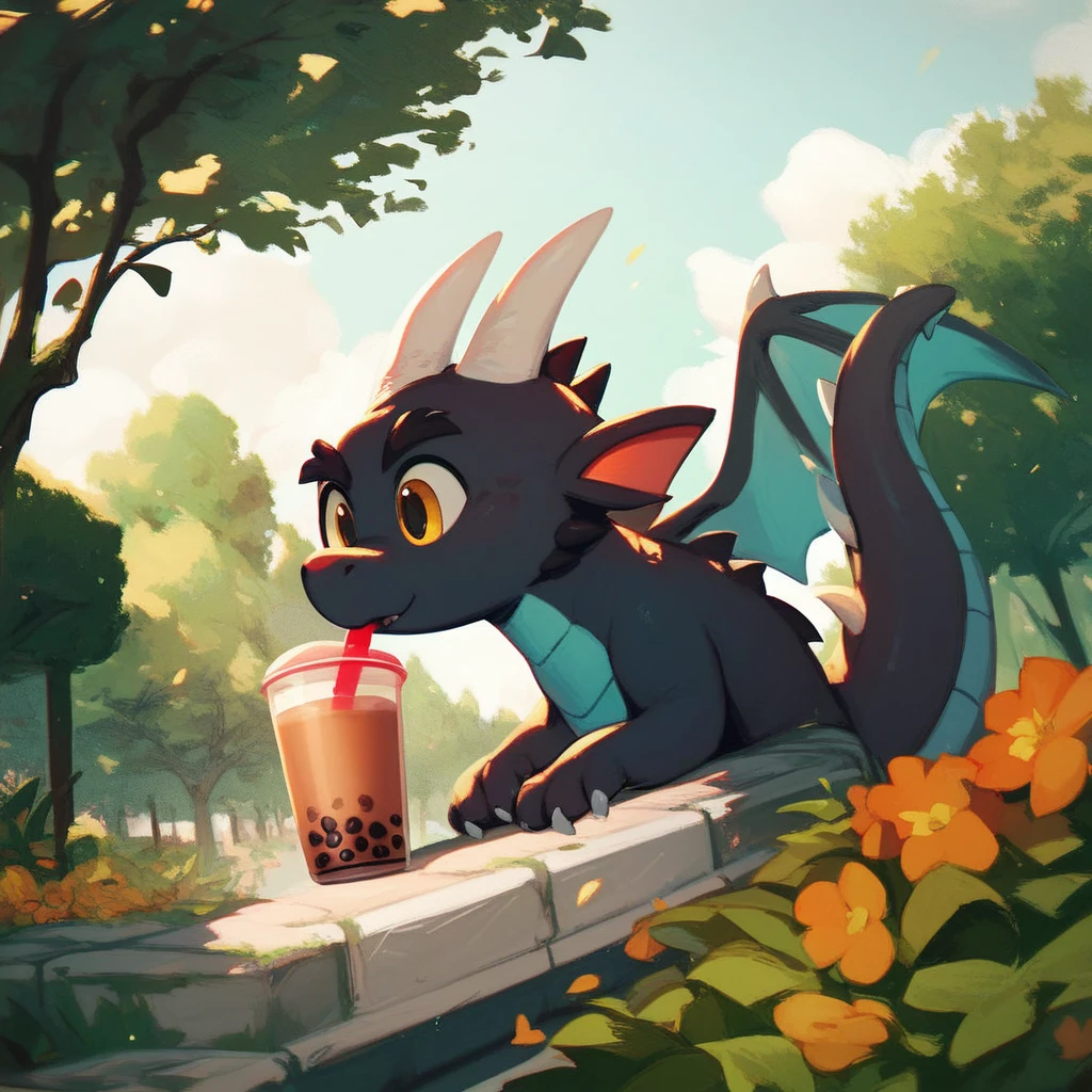 mikus-kikoriki round body, black fur, yellow eyes, holding bubble tea, park, dragon. white horns
Krosh