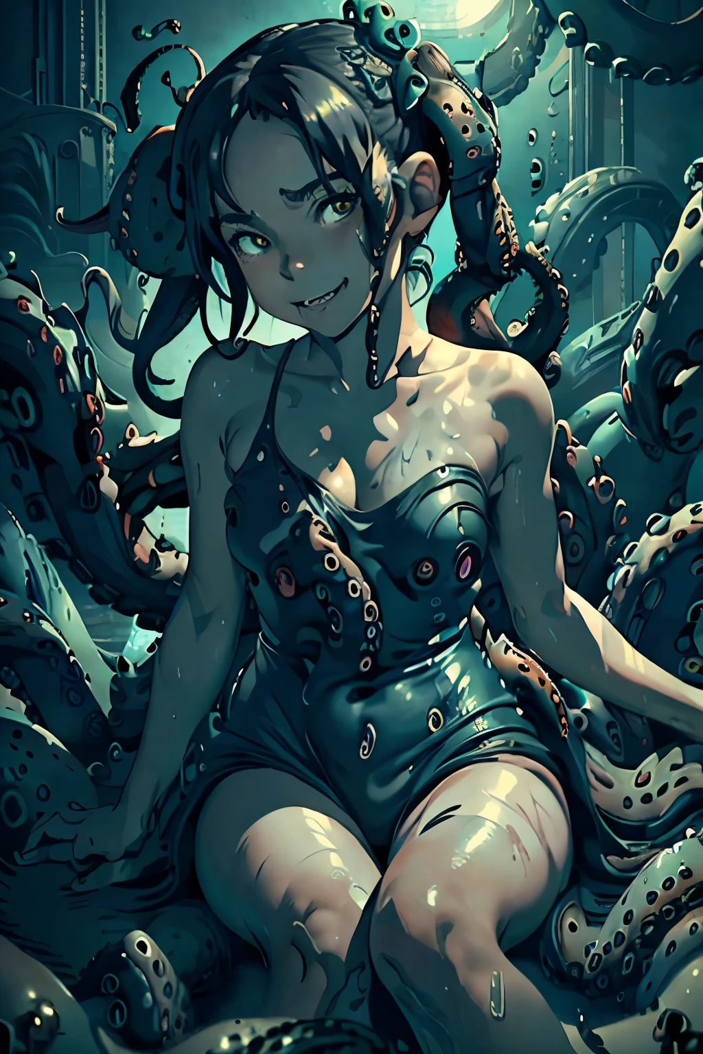 nsfw ,sitting, 1girl,nsfw ,smile,black hair,green eyes,,one-piece swimsuit,in water,school swimsuit,twin tail,flat breast,masterpiece,half-closed eyes,rolling eye,tentacles,dark blue tentacles,クトゥルフ,night,tentaclehorrorai