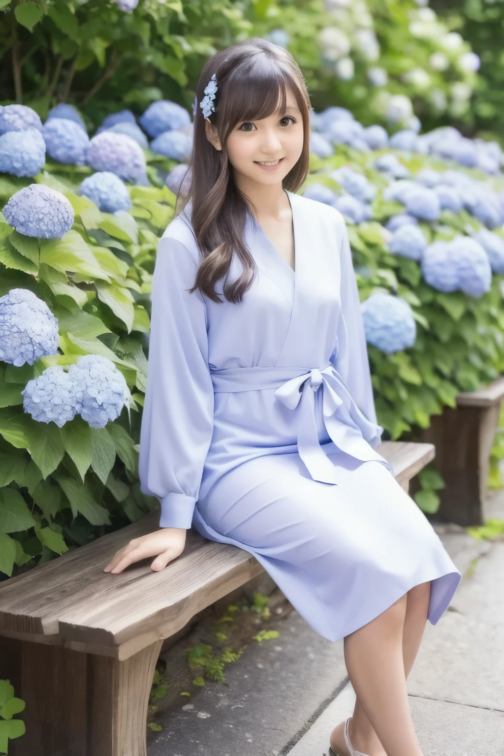 Ashida Aina sits on a bench where hydrangeas are wrapped