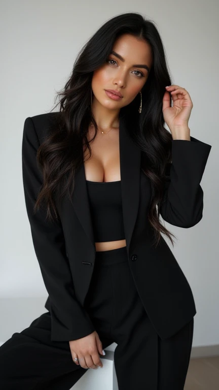 

"Create an exceptionally detailed, ultra-realistic full-body portrait of a 20-year-old Russian female. She should possess striking features, including long, lustrous black hair that cascades elegantly. Dress her in a contemporary outfit that reflects a blend of modern fashion and classic elegance. The image must be rendered in stunning 12k resolution, showcasing impeccable attention to detail and premium quality. Capture the subject in a pose that radiates both sophistication and youthful exuberance. Ensure the composition has a sharp focus, vibrant colors, and a polished finish, with no blurring. This is to be presented as part of a series of daily photoshoots, each highlighting different aspects of her character and style."