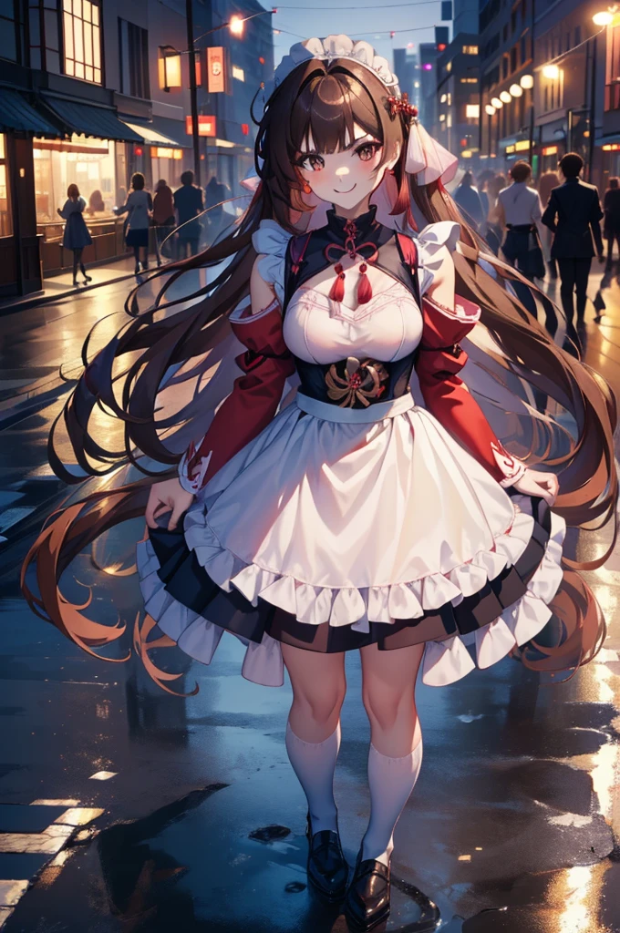 
a cute solo boy,trap,sushang, long hair, twintails, darkbrown hair, big breasts,eye makeup,hy,embressed,smile,red face,japan maid dress,white thighhighs, standing sexypose in a city at night time, full body.