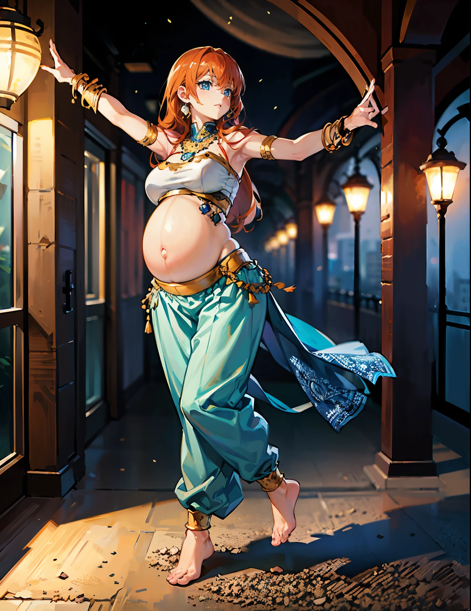 (best quality, ultra-high resolution, depth of field:1.3), (full body shot:1.3), (oppai:1.3), (pregnant:1.3), (wide hips:1.3), beautiful face, (anime girl), radiant eyes, (blue eyes:1.3), (orange hair:1.3), (wearing a baggy and high harem belly dance pants:1.3), (bare feet:1.3), (strapless top:1.3), (waist jewelry:1.3), (full of jewelry:1.3), night time, (multiple points of views), (standing:1.3), (dancing pose:1.3)