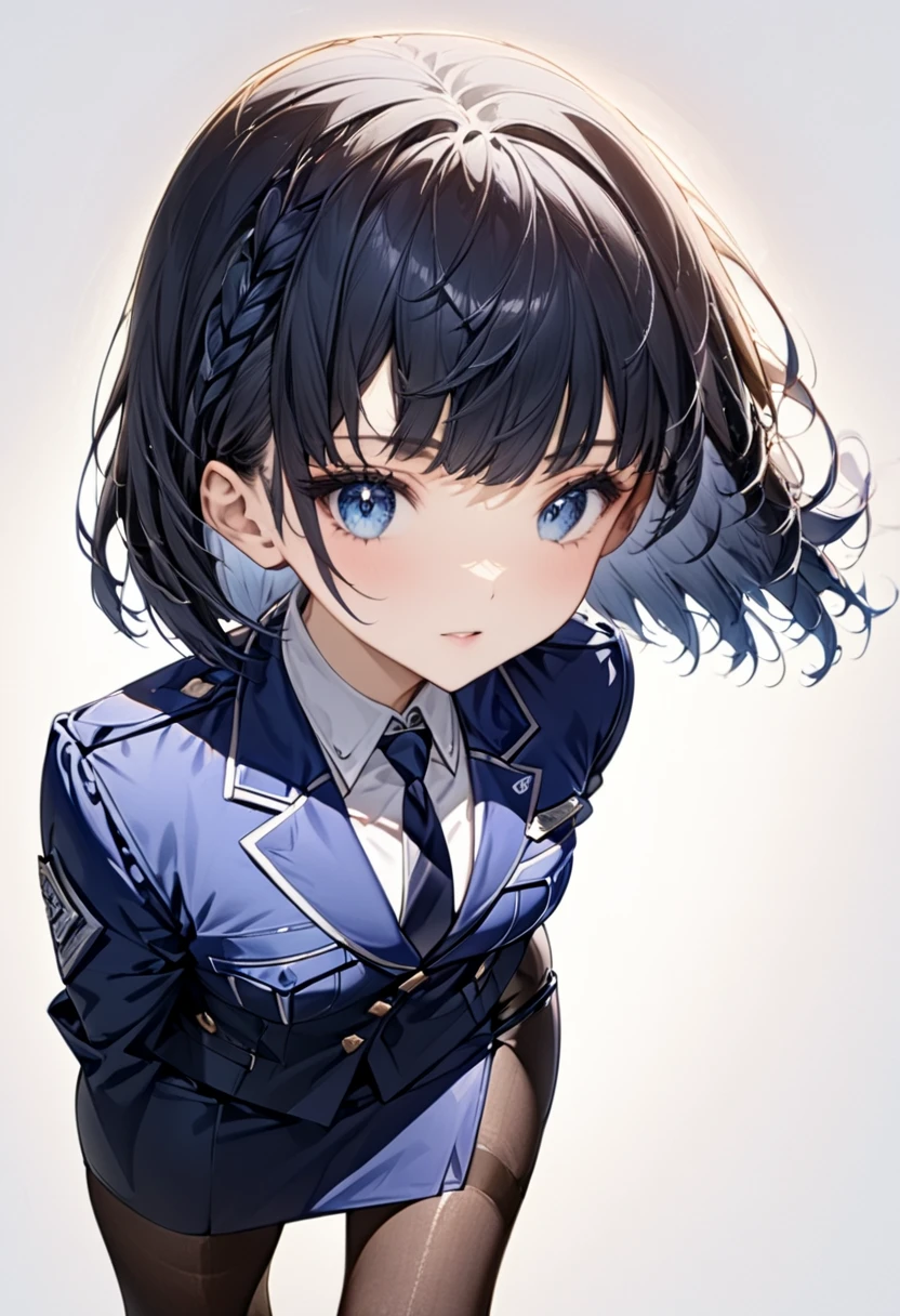 （Genshin Yelan）(masterpiece), ( top quality ), ( very detailed),( messy hair),(shape), ( 1 girl), Sustainability, Female police officer Yellan, Uniform Buttons、 collared shirt 、black tie、navy pencil skirt、 black pantyhose、 Uniform Jackets 、Black pumps、White handbag, (Interview), ( simple background), beautiful delicate eyes,   Delicate and Beautiful Faces on the Circuit  , floating,( high chroma)(,(The Shining),  focus on the face, bangs, (The Shining), Optimal lighting, Best Shadow