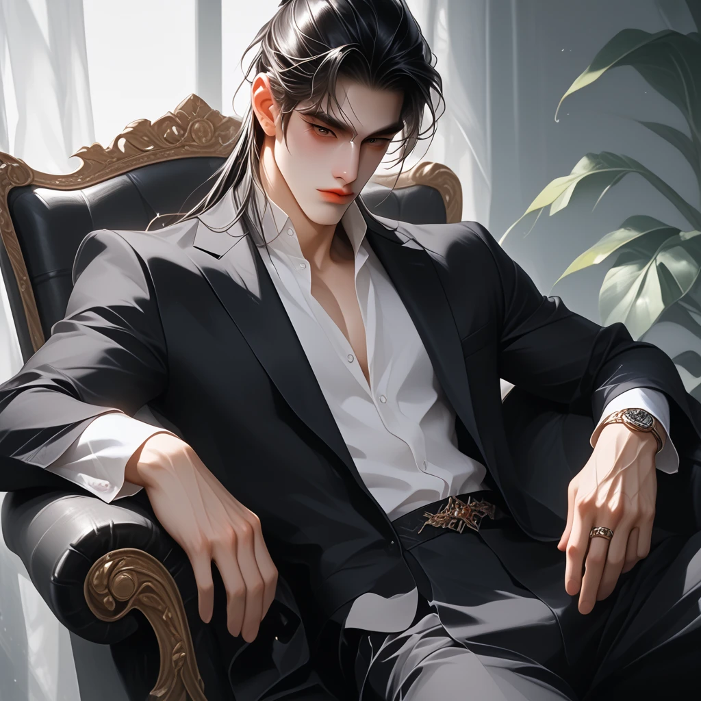 Adult man 、Solo、alone、 Manly 、 sits on a chair with armrests、 legs crossed 、 black hair、 with his bangs down 