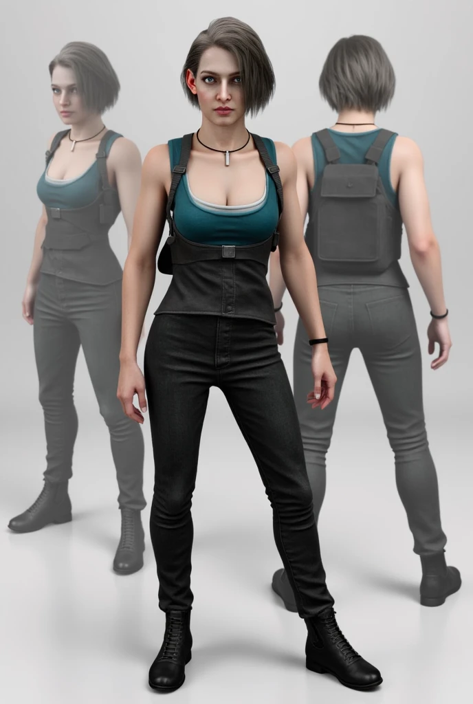 JillValentine, Jill Valentine,Jill Valentine \(Resident Evil Death Island\), deep cleavage, breasts, short hair, blue eyes, brown hair, "character design", "concept art", "front, back, and side view", empty background.