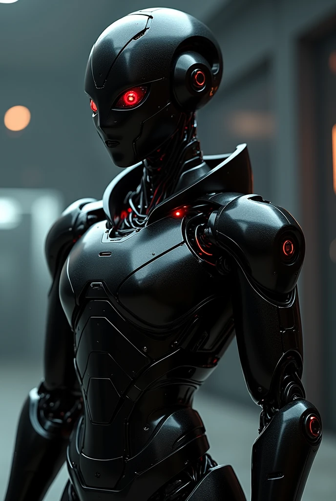 Cyborg Woman, gloweyes, mechanical body and head, wires on the head, lifeless look, Damage to the body, higly detailed, Realistic full-length photo, Color: Black and red