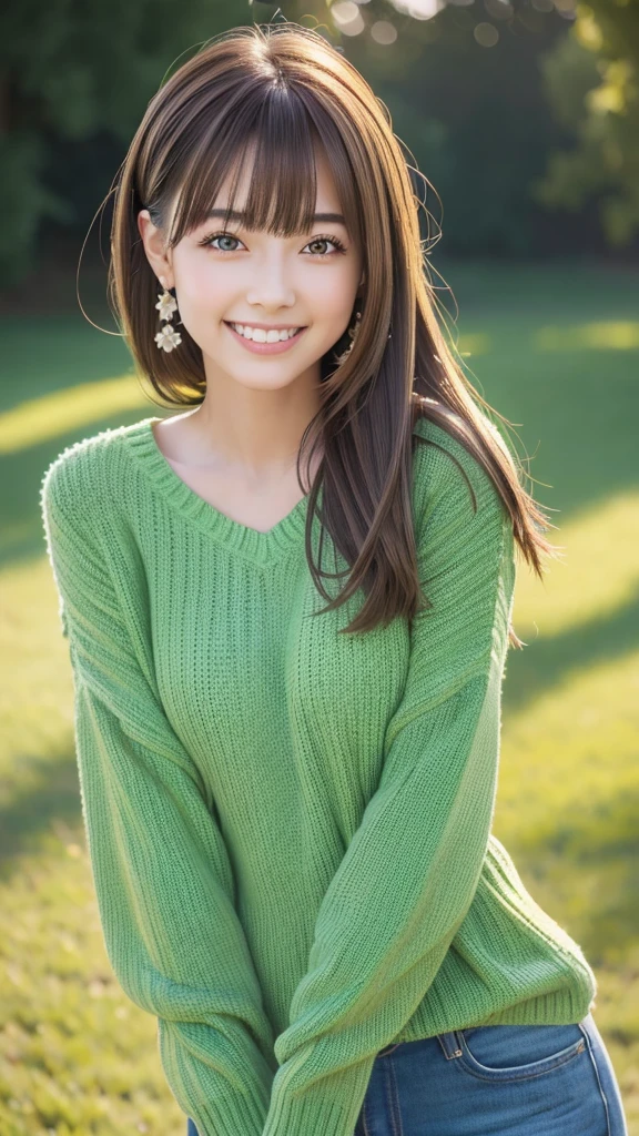 A stunning masterpiece of long and beautifully detailed high-resolution portraits of Japanese cute idol girls, Shiny brown hair and seductive green eyes, Wearing a cozy sweater、Flashes a gorgeous smile that highlights her small but perfectly formed breasts.