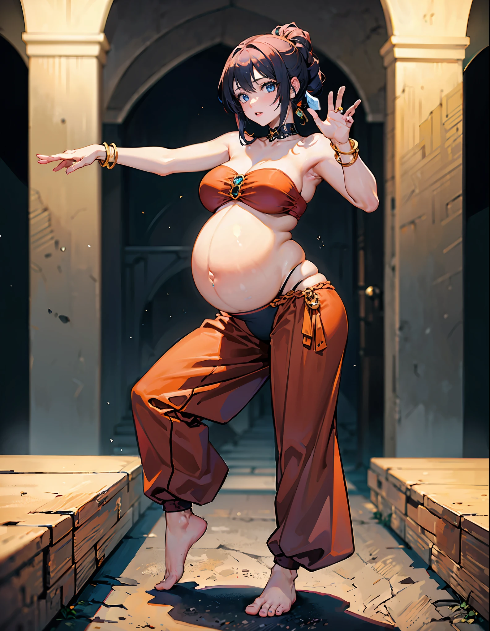 (best quality, ultra-high resolution, depth of field:1.3), (full body shot:1.3), (oppai:1.3), (pregnant:1.3), (wide hips:1.3), beautiful face, (anime girl), radiant eyes, (blue eyes:1.3), (orange hair:1.3), (wearing a baggy and high harem belly dance pants:1.3), (bare feet:1.3), (strapless top:1.3), (waist jewelry:1.3), (full of jewelry:1.3), night time, (multiple points of views), (standing:1.3), (dancing pose:1.3)