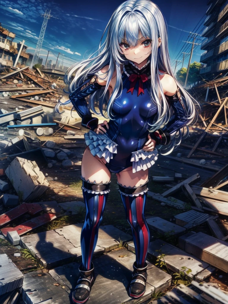 Realistic,Highest quality, Ultra Detail, High-quality CG rendering, The most delicate and beautiful, Floating softly, High resolution, (1 giant girl), (Highest quality,4K,8K,masterpiece:1.2), Light purple hair,(Bunny ears:1.5),(Very long ponytail:1.5),Red eyes,(Ultra Girl:1.0),(All blue Ultraman bodysuit:1.5),(All blue gloves:1.5),(All blue shoes:1.5),(Do not expose your skin:1.4),(Slightly larger breasts:1.5),(Clenched Fist:1.2),(Place your hands in front of your chest:1.3),(Red gloves:1.3),(Red Shoes:1.3),(whole body:1.3),(Are standing:1.3),(A city engulfed in flames:1.3),(Buildings in flames:1.3),(Burning Ruins:1.3),(Fighting Pose:1.3),(Turn your back to your audience:1.3),Butt
