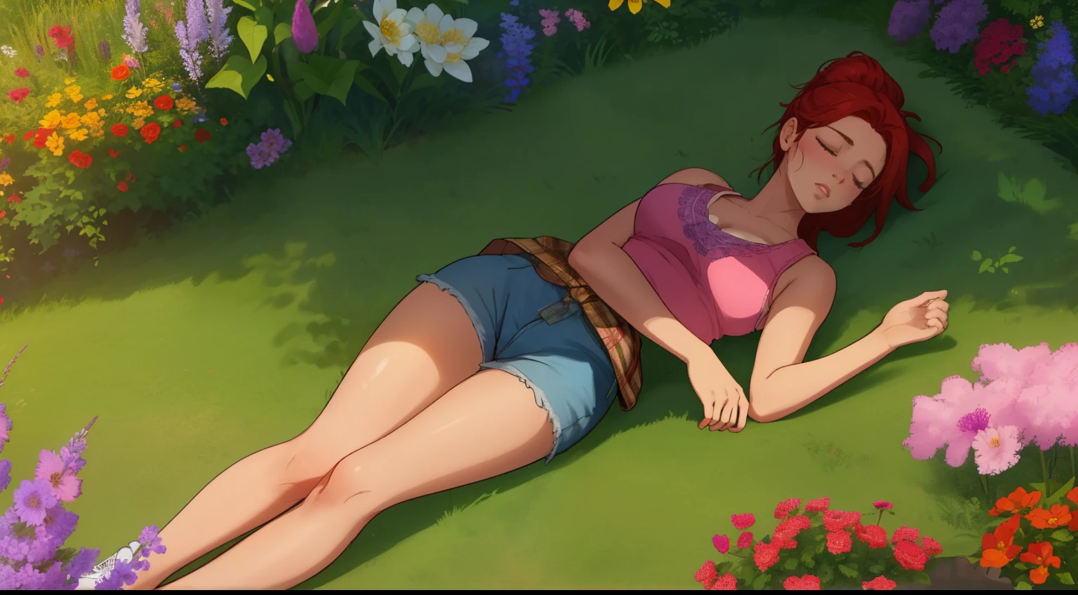 "A wide-angle, top-down view of a woman peacefully sleeping in the middle of a vast and vibrant flower garden. She is surrounded by an ocean of colorful blossoms—pinks, purples, yellows, and whites—that stretch out in every direction, creating a breathtakingly magical landscape. The woman lies relaxed with her blonde-red hair tied back, wearing a pink tank top, denim shorts, and white sneakers, with a plaid flannel shirt tied casually around her waist. The sunlight bathes the scene in a soft, golden glow, casting subtle shadows and highlighting the intricate details of the flowers. The expansive perspective captures not only her tranquil pose but also the sheer beauty and wonder of the endless garden, evoking a sense of peace and enchantment."
