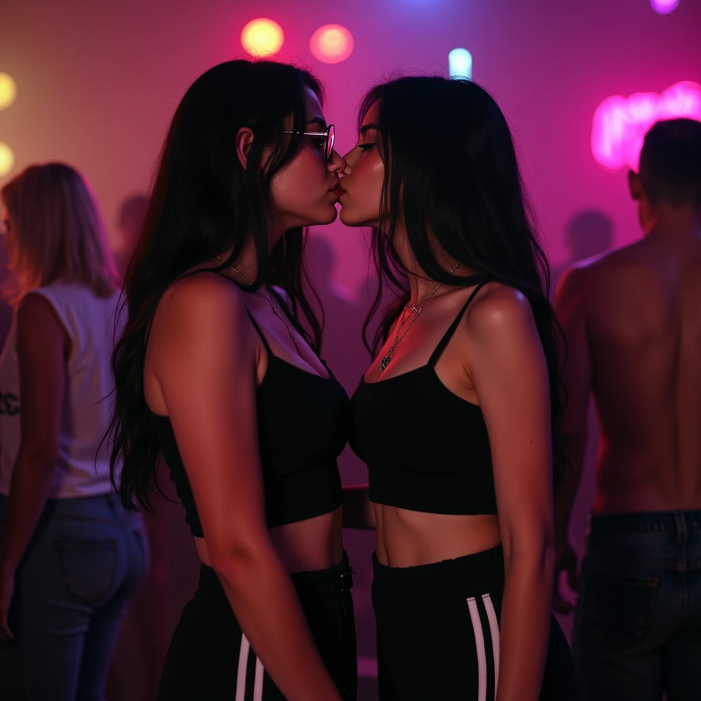 2 teenagers of different styles, kissing, with big breasts, in a bowling alley, with many lazer lights from above, dancing, mogadas, little clothes, very happy drunks, very pretty girls, with their hair down, happy faces, among the crowd , drunk