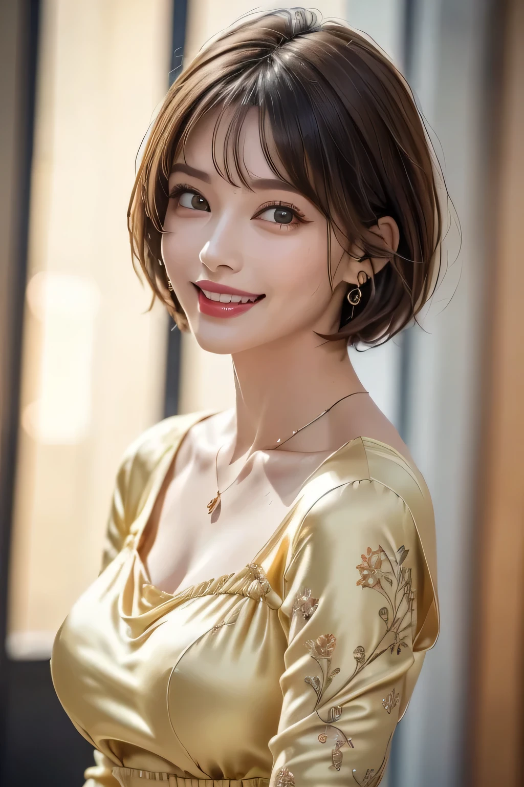 A close up of a woman in a gold dress posing for a picture - SeaArt AI