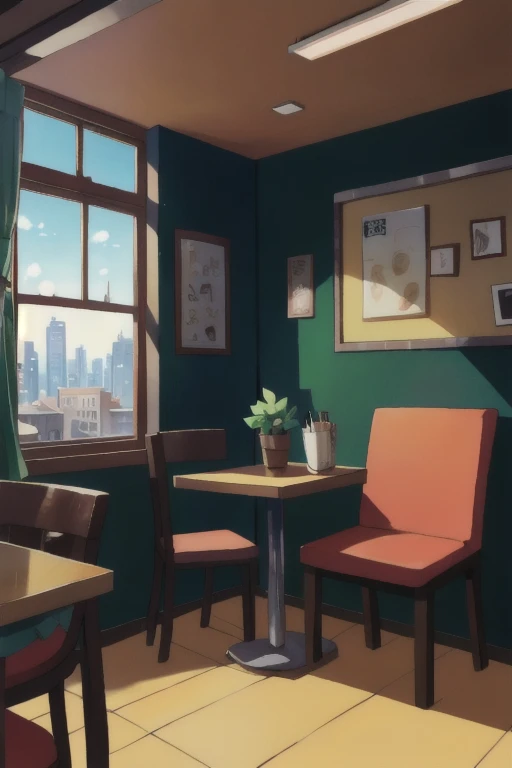 (background only), anime style, coffee shop, window view, only background