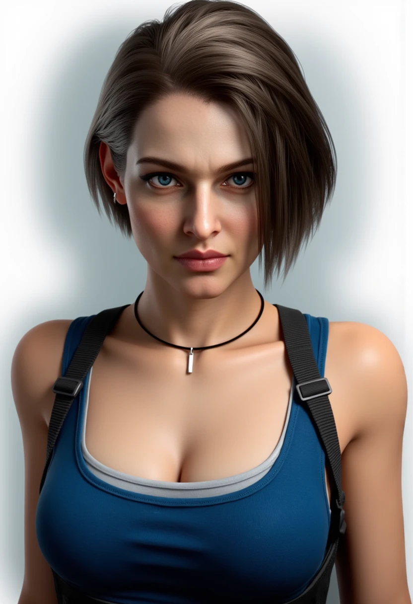 masterpiece, best quality, high quality, realistic,
JillValentine, Jill Valentine,Jill Valentine \(Resident Evil Death Island\), 1girl, solo, breasts, short hair, blue eyes, brown hair, black hair, cleavage, jewelry, medium breasts, upper body, necklace, lips, tank top, realistic, blue tank top, jill valentine