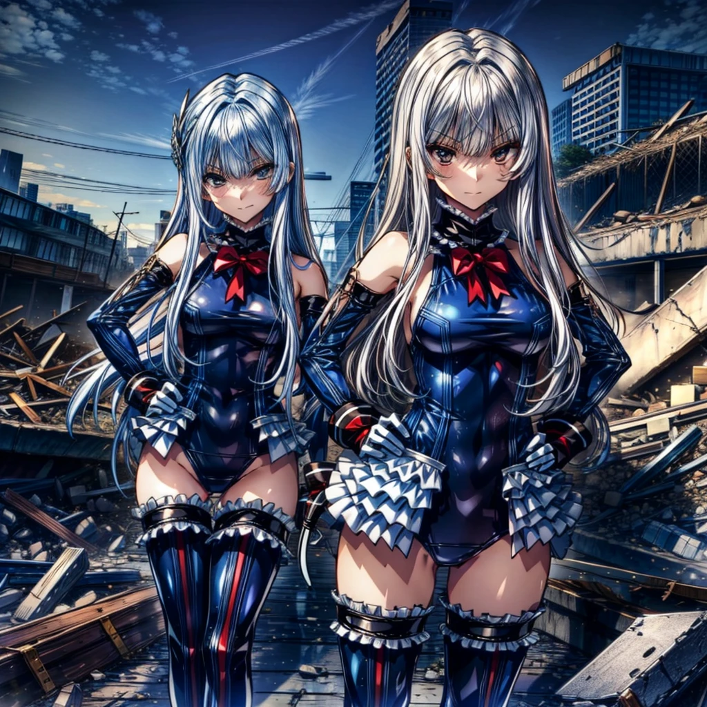 8ｋ, Perfect Anatomy,  top quality , ,sneer,Provocative attitude, perfect finger,
,(Put your hands on your hips and look down while standing on a pile of rubble:1.6), ANIME STYLE,(
frilled swimsuit,
thighhighs,
detached sleeves), ( ANIME STYLE:1.4) ,
 Silver Hair,(white finger :1.1, Black Gloves ), long hair on her face, Evil Aura ,cowboy shot