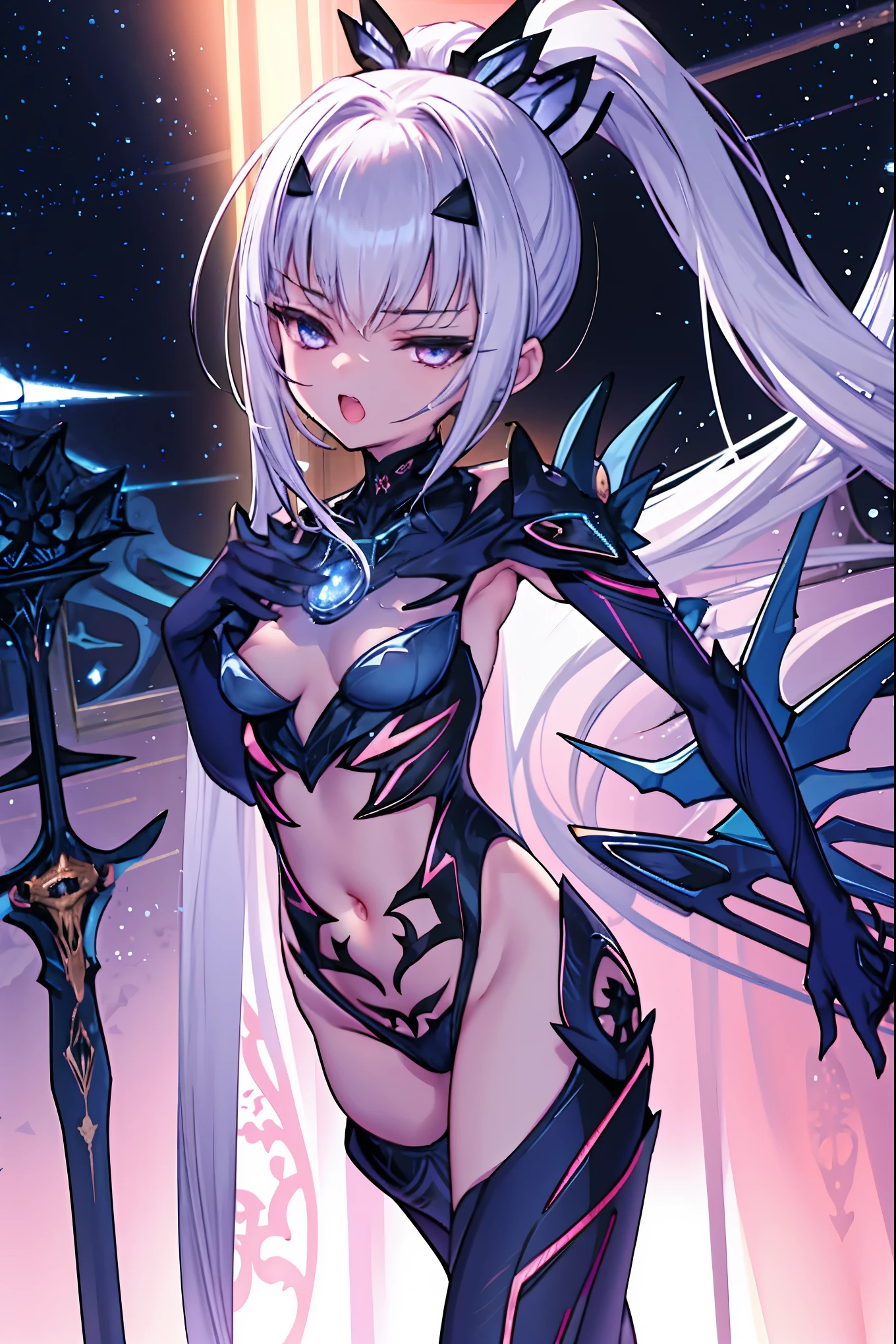 best quality, integrated scenery, integrated background, extremely delicate and beautiful, meticulous details, good composition , cute face, perfect ,highest quality,High resolution, Super detailed,game CG,dutch angle,detailed and beautiful eyes,beautiful 1teen_girl,(enchanting smile), open_legs, raise_legs, armor, Armored dress, Black dress, Black gloves, Blue Armor, Blue dress, breastplate, dress, gloves, raise_hand,mask, pauldron, Short dress, shoulder armor,ponytail,nihil_smile,knees,small_breasts,navel, groin,night_old_town_background, crotch,midriff,solo,light_open_mouth,cleft_of_venus,teeth,