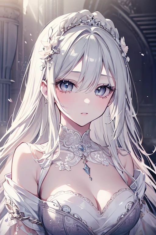 ((best quality)), ((masterpiece)), (detailed), 1 woman, White off-shoulder dress, silver hair