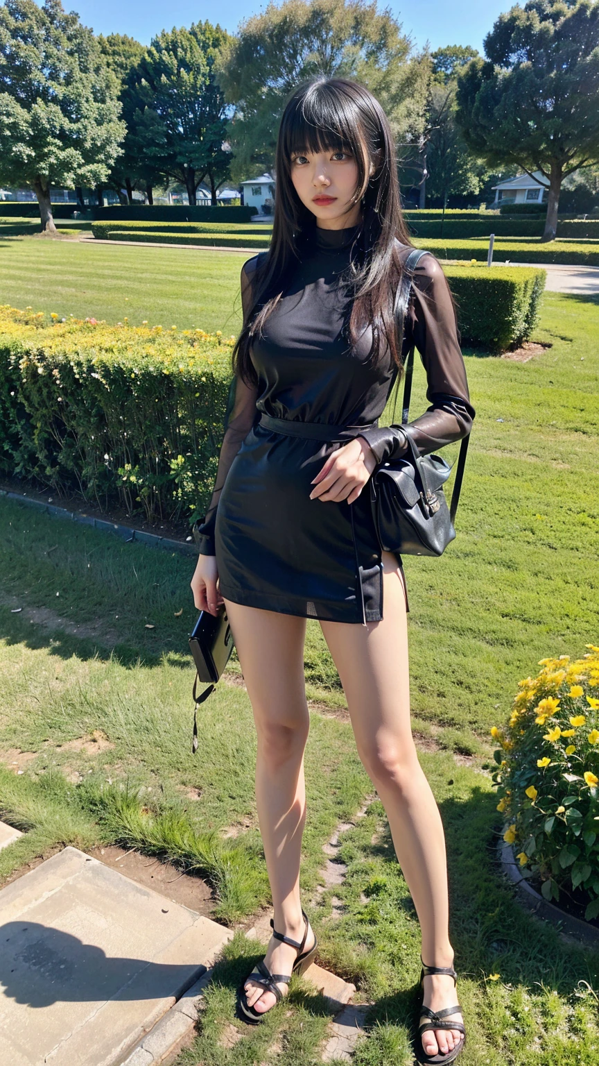 (8k、RAW Photos、Highest quality、masterpiece:1.2)、(Realistic、Realistic)、1 Girl、((Black see-through dress、belt、mini skirt、garden、Exposed Skin、whole body、boots、View from the front、Looking at the camera、Stand with hands on hips))、cute