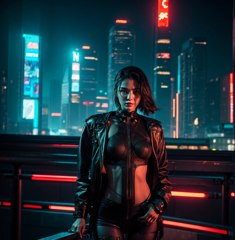 A breathtakingly realistic portrait of an adorable 20-year-old actress in 8K resolution, dressed in a dazzling high-tech cyberpunk ensemble with intricate neon accents, the upper part of the garment seductively unbuttoned, revealing a hint of vulnerability. Set against a sinister, dystopian urban backdrop reminiscent of the iconic "Blade Runner" universe, with towering skyscrapers, holographic advertisements, and an eternal haze. Inspired by Sid Mead's pioneering visions of futuristic landscapes, H. R. Giger's biomechanical intricacies, and Ash Thorpe's atmospheric lighting, this piece boasts meticulous attention to detail, subtle color correction, and subtle cinematic lighting. The actress' face, bathed in the soft, ethereal glow of neon signs, is presented in exquisite photorealistic details, capturing the subtleties of human emotions with amazing accuracy. The overall aesthetic is a masterful combination of harsh realism.