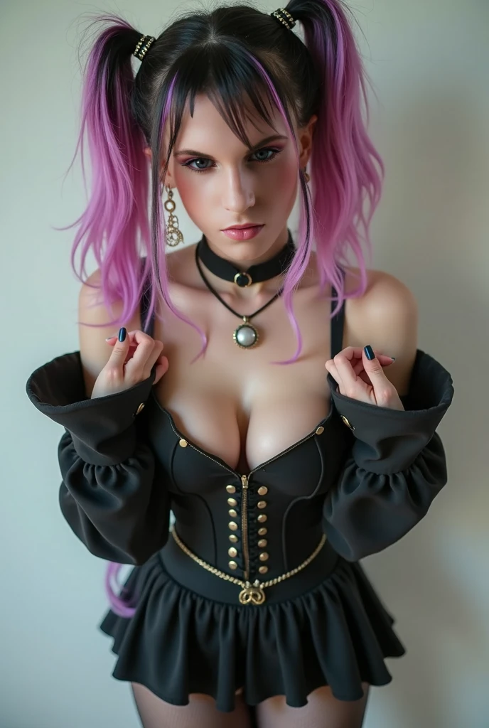 Long haired 18-year demon woman with pastel Purple hair with heterochromia one blue eye and red eye with sharp teeth wearing a Victorian dress that is Red and black (SFW)