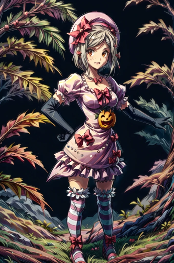 (masterpiece),(best quality), lambdadelta, fang,  dress,  striped stockings, pearl, red bow, pink hat, pumpkin brooch, necklace, gloves, bare tree, bush, night, fog, forest, grass, nature, outdoors, plant, scenery, solo, standing, tree,