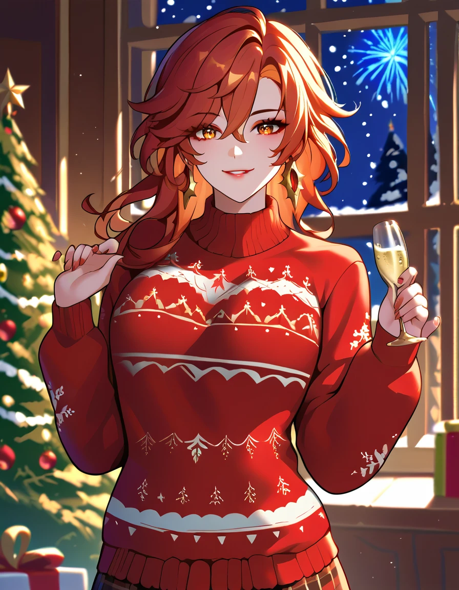 solo, happy look, happy smiling, happy atmosphere, Christmas, winter, snow, night sky, Mavuika from Genshin Impact, eyeshadow, A tall woman with fair skin, golden eyes and red hair. She's wearing a Christmas sweater and a plaid skirt, ( beautiful eyes:1.1), (perfect face, detailed face, detailed eyes, perfect eyes, perfect hands, perfect fingers, medium breast, upper body), perfect hands, detailed clothing, long legs full body, Full-length focus, indoors, She stands next to the Christmas tree, holding a glass of champagne in one hand, Christmas decorations on trees, New Year's Eve fireworks in the window on the background, (looking at the viewer), Shiny Skin