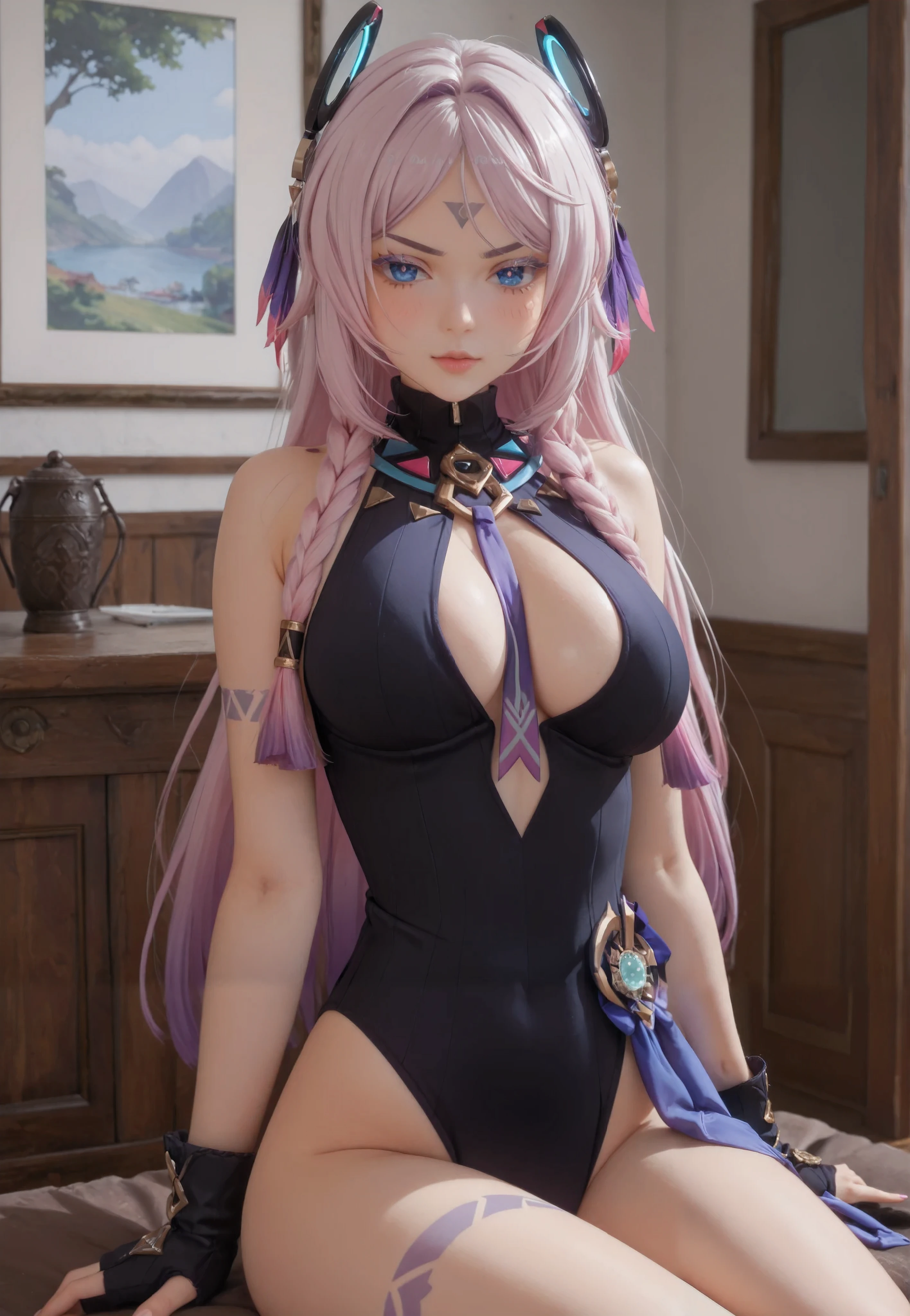 zPDXL3, score_9_up, score_8_up, score_7_up, (Anime_source), Masterpiece, perfect female body,  small waist(incredibly detailed, slim, beautiful fingers, beautiful white skin, Beautiful clear skin, big breasts, thick thighs, big breasts, large breasts, citlali, pink-purple hair, facial mark, eyelashes purple long hair, sitting, blue eyes, braid, bare shoulders, leg tattoo, looking at viewer, facing viewer, upper body, very long hair, v-shaped eyebrows, clothes around waist, blush, indoors, detailed background, leotard, gloves,