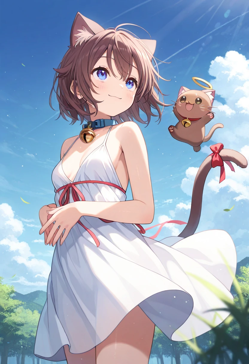  top quality 、 One Girl 、Brown cat ears and tail 、 slender body、Slender legs、Tiny breasts、 shiny dark brown hair 、 short hair、 cobalt blue eyes 、collar with bell 、Cute single tusk、white dress with red bow、Lush forest、The sun shines in、smile、 raise both hands、 looking up at the sky