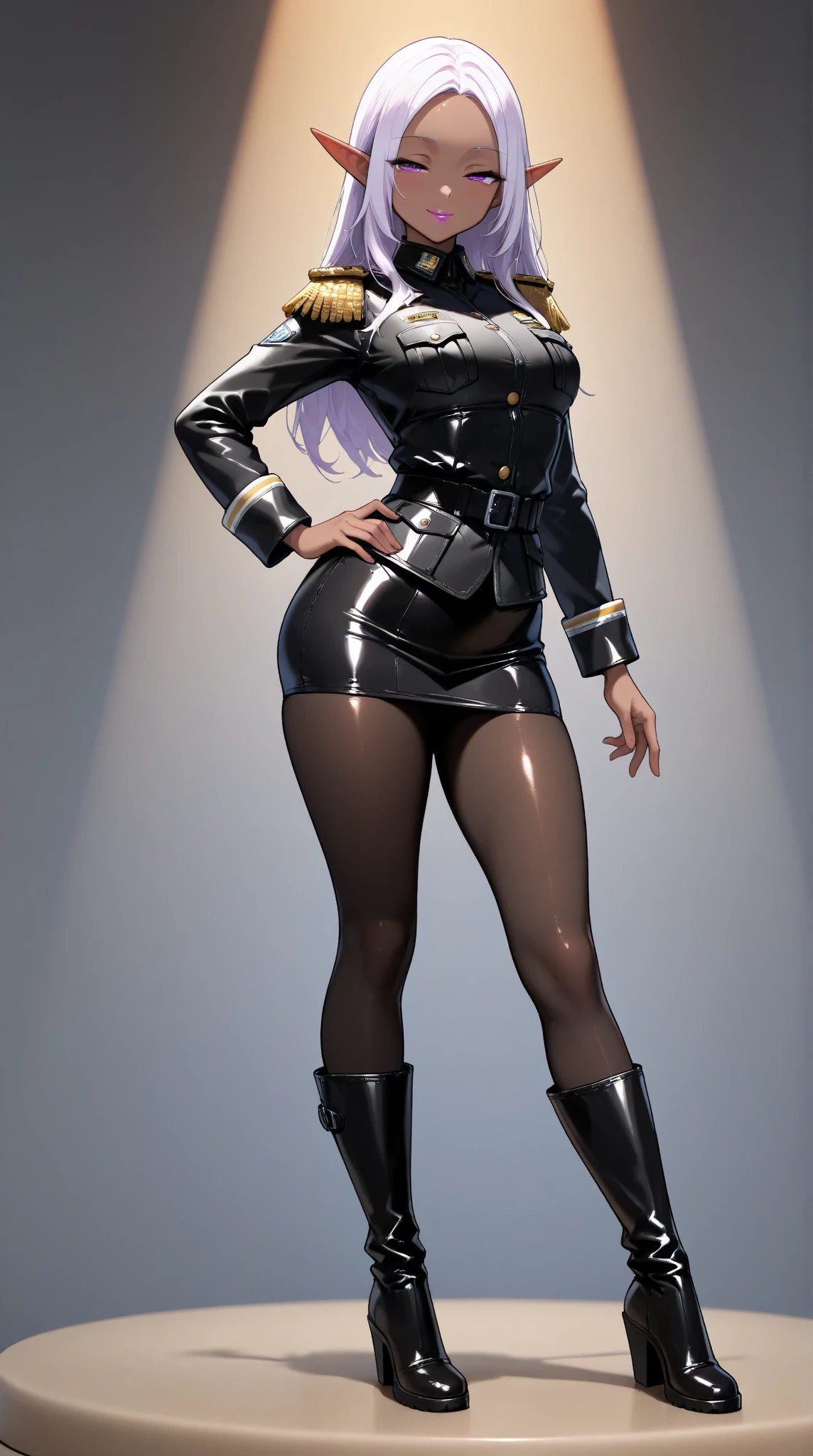  Young Beautiful Dark Elf Women ,(masterpiece, top quality , very detailed depiction, incredibly absurd high definition ,Curvaceous Body),(female cavalry officer , black latex military uniform with epaulettes, tight skirt , bodystocking , black tights, boots),( brown skin next to a woman:1.3, purple eyes, half-closed eyes,Glossy lipstick, slender figure,Beautiful legs,Beautiful thighs,High quality skin),( bewitching smile,Seductive gestures), full body image ,Dim atmosphere,Illuminated by light, from behind