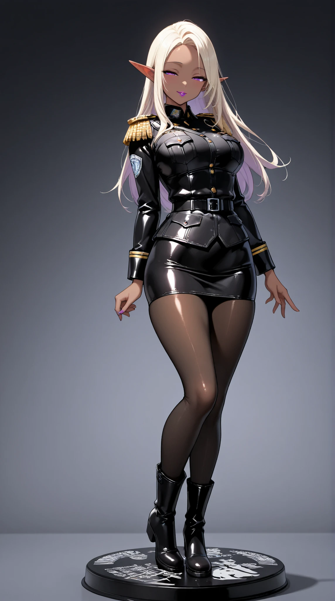  Young Beautiful Dark Elf Women ,(masterpiece, top quality , very detailed depiction, incredibly absurd high definition ,Curvaceous Body),(female cavalry officer , black latex military uniform with epaulettes, tight skirt , bodystocking , black tights, boots),( brown skin next to a woman:1.3, purple eyes, half-closed eyes,Glossy lipstick, slender figure,Beautiful legs,Beautiful thighs,High quality skin),( bewitching smile,Seductive gestures), full body image ,Dim atmosphere,Illuminated by light, from behind