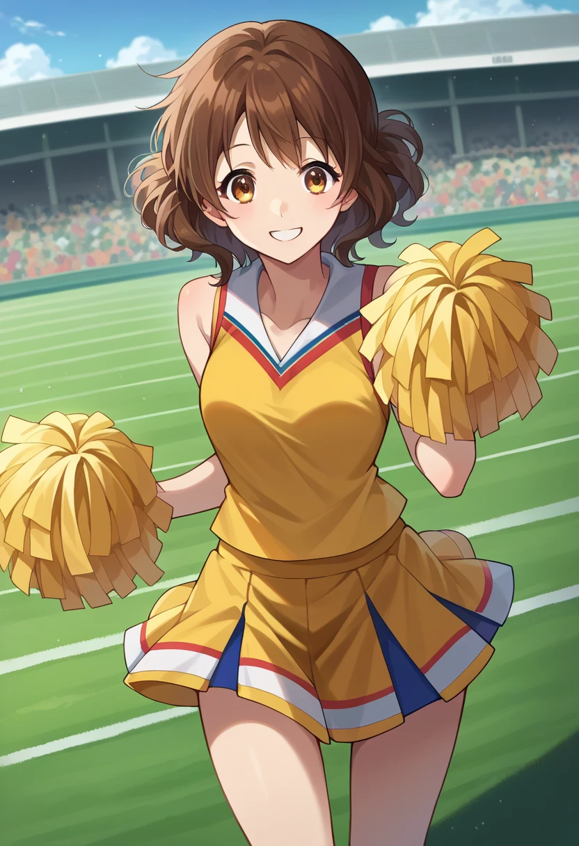 score_9, score_8_Excellent, score_7_Excellent,  Source_Anime,
 Middle of Nothing , Kuchiki Kuna ,  brown eyes, Brown Hair,  short hair,  wave hair, smile,
 yellow cheerleader costume that will make viewers happy, skirt, Cheerleading Clothes,
lawn,stadiums
Show viewers,  cowboy shot,  Dutch angle to the side,  dynamic pose,