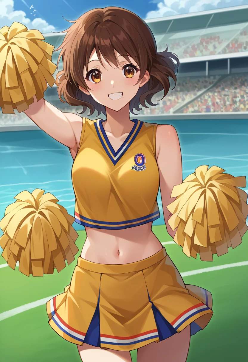 score_9, score_8_Excellent, score_7_Excellent,  Source_Anime,
 Middle of Nothing , Kuchiki Kuna ,  brown eyes, Brown Hair,  short hair,  wave hair, smile,
 yellow cheerleader costume that will make viewers happy, skirt, Cheerleading Clothes,
lawn,stadiums
Show viewers,  cowboy shot,  Dutch angle to the side,  dynamic pose,