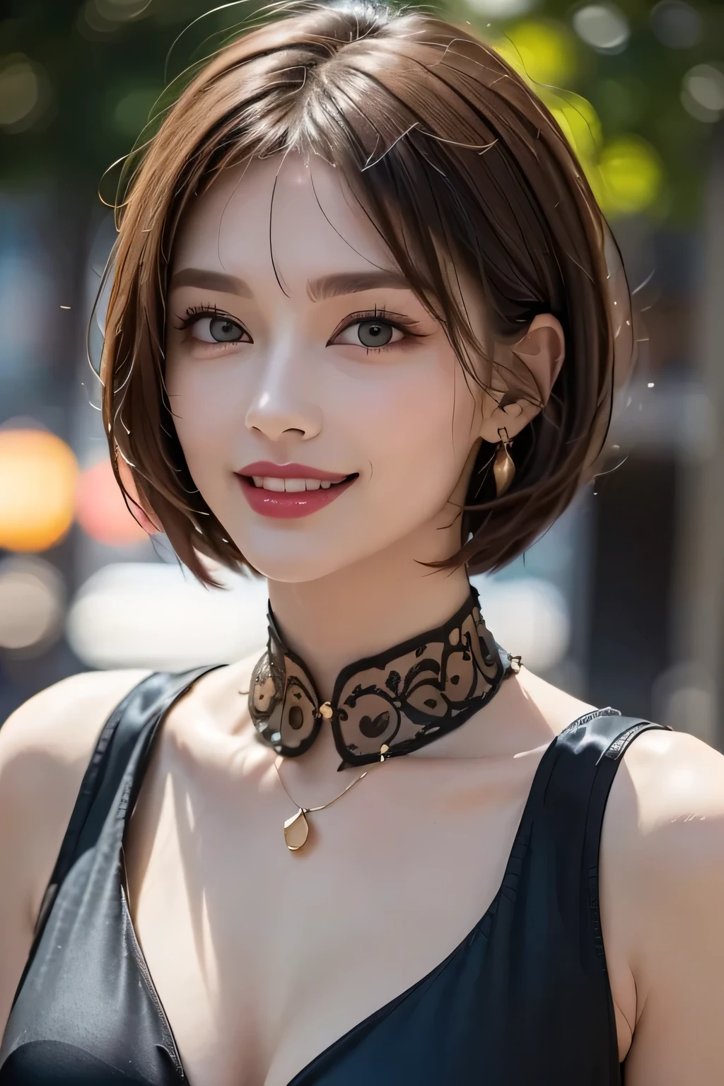 (1.   Beauty ,   supermodel  ), (     Perfect Anatomy ), ((upper body shot)), Golden Ratio, (top quality:1.4), 32k resolution, (   realistic     :1.5), High resolution UHD, (masterpiece :1.2)), (Improved quality:1.4), (  Very beautiful face details  ), (grin), (top quality), (( DECORATED black SILK DRESS WITH DETAILED PATTERNS :1.37)),   earrings,    necklace, (Big Breasts:1.3), (thigh), Accurate Fingers,  very detailed,  beautiful eyes,    double eyelid ,    eyelash   , Shaping your eyebrows, ((  very detailed)),    red cheeks   , Ultra-    realistic     eyes, Perfect Lips,      perfect eyes,    Natural Cosmetics  , [contains pink lipstick], (( Commitment to quality     :1.2)), (   beautiful lips:1.33), (Great nose:1.2), (Big Breasts),     brunette pixie cut, ((   realistic   )), ((  Sharp Focus )), (    highest resolution), ((   high image quality)), ((masterpiece)),    PROFESSIONAL CINEMA LIGHTING  