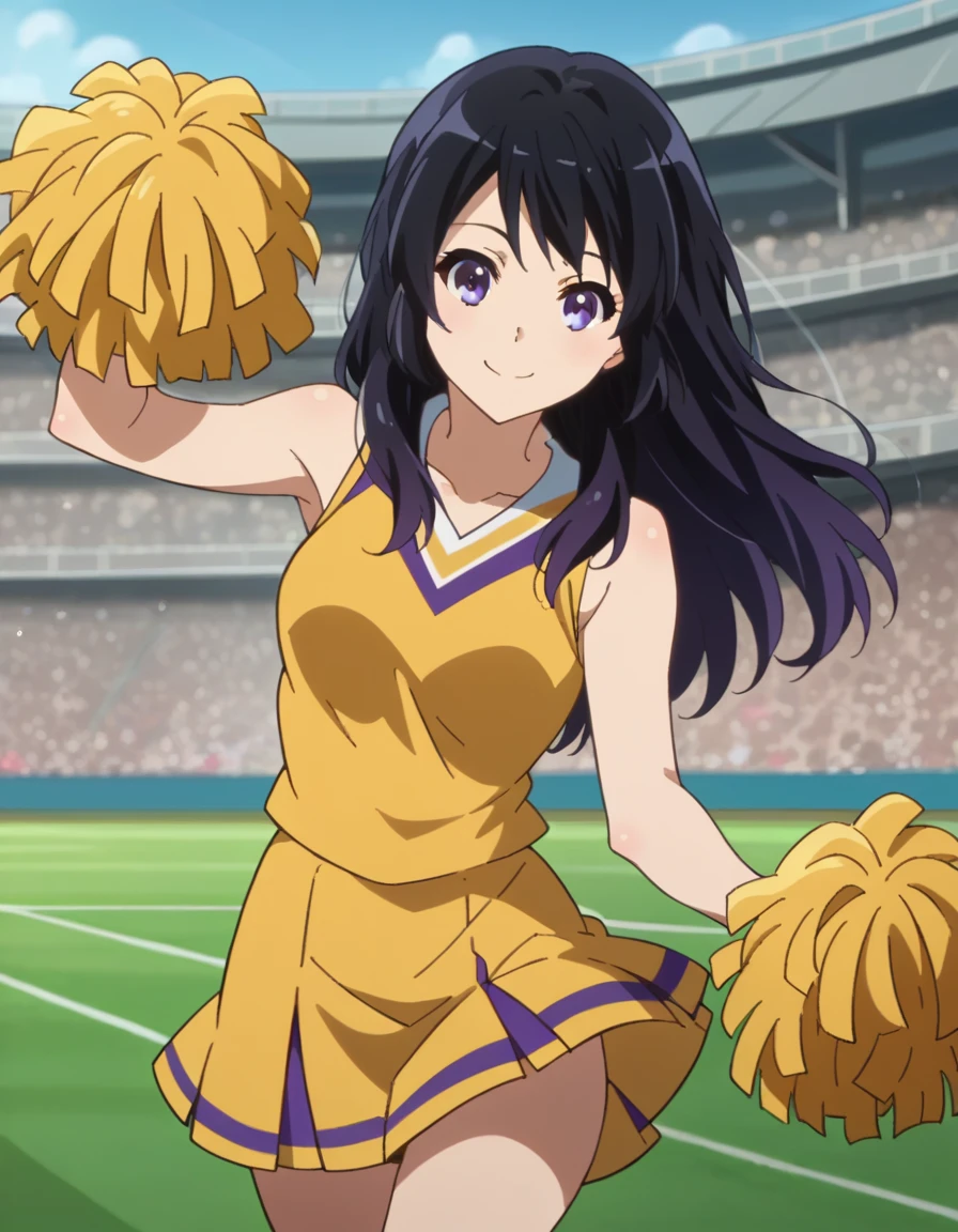 score_9, score_8_ up, score_7_ up,   Source_Anime,
Reina Kousaka , Reina Kousaka,   long hair, bangs,   black hair,   purple eyes,
  yellow cheerleader costume that will make viewers happy, skirt,   Cheerleading Clothes,
smile,lawn,Show stadium viewers,  cowboy shot,  Dutch angle to the side,  dynamic pose