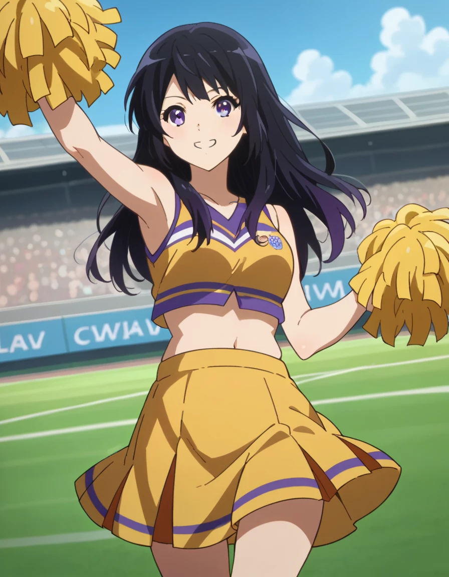 score_9, score_8_ up, score_7_ up,   Source_Anime,
Reina Kousaka , Reina Kousaka,   long hair, bangs,   black hair,   purple eyes,
  yellow cheerleader costume that will make viewers happy, skirt,   Cheerleading Clothes,
smile,lawn,Show stadium viewers,  cowboy shot,  Dutch angle to the side,  dynamic pose