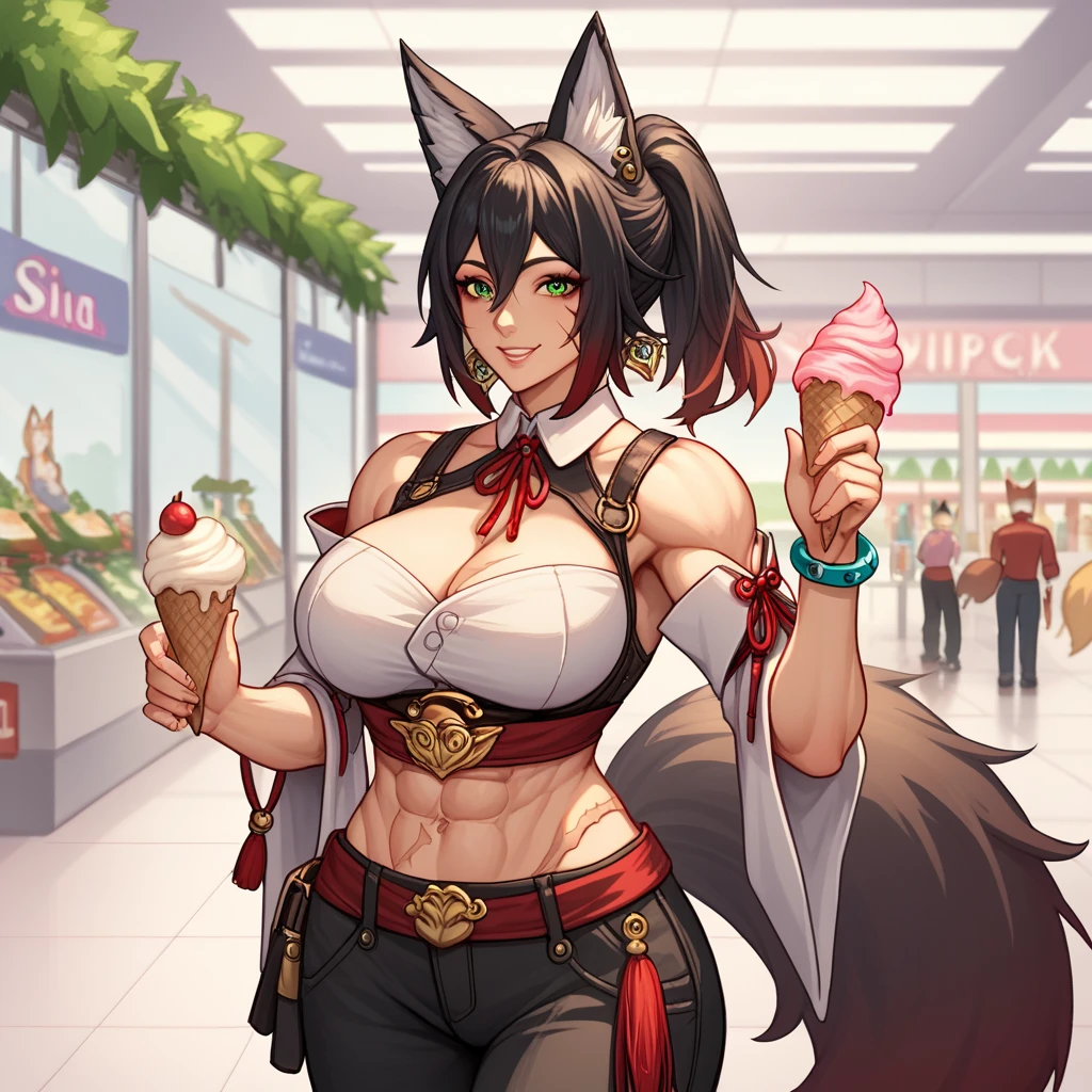 Large biceps, ( natural breasts)), (score_9, score_8_up, score_7_up, source_anime, tingyun, black hair, fox girl, fox tail, fox, fox ears, green eyes, kitsune, large breasts, animal ears, ponytail,, bracelet, detached collar, detached sleeves, jewelry,  pants, red tassel, tassel earring,((animal ears,fox ears)), solo, holster on the hips,,((night shopping mall)),female abs,muscular, (eight abs pack),((smiling)),((scar on body)),holding an ice cream,