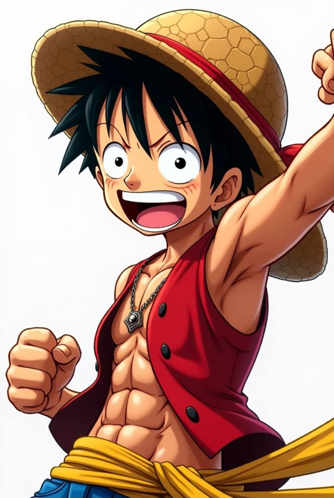 A highly detailed illustration of monkey d luffy, wearing a straw hat, scar under left eye, smiling, teeth, open mouth, cowboy shot, looking at viewer,black pants, red open shirt, luxury ball room in background, red "X" scar on chest