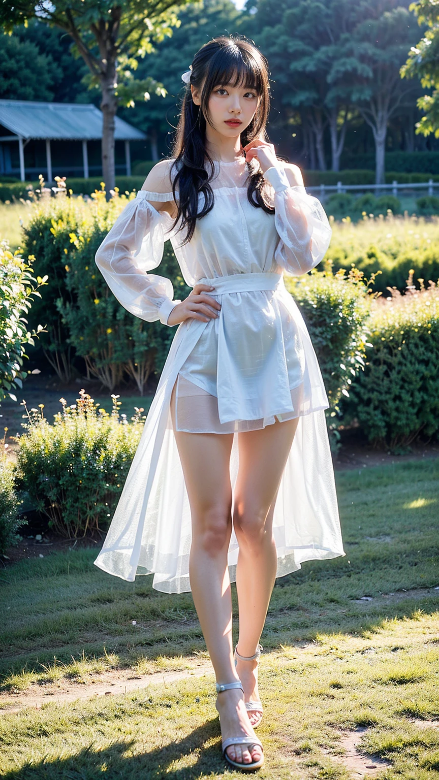 (8k、RAW Photos、Highest quality、masterpiece:1.2)、(Realistic、Realistic)、1 girl、((White Mini Skirt、Check One Piece、See-through、Frilledium Hair、See through、ribbon、Sandals、Accentuate your breasts、whole body、garden、View from the front、Looking into the camera、Stand with hands on hips))、