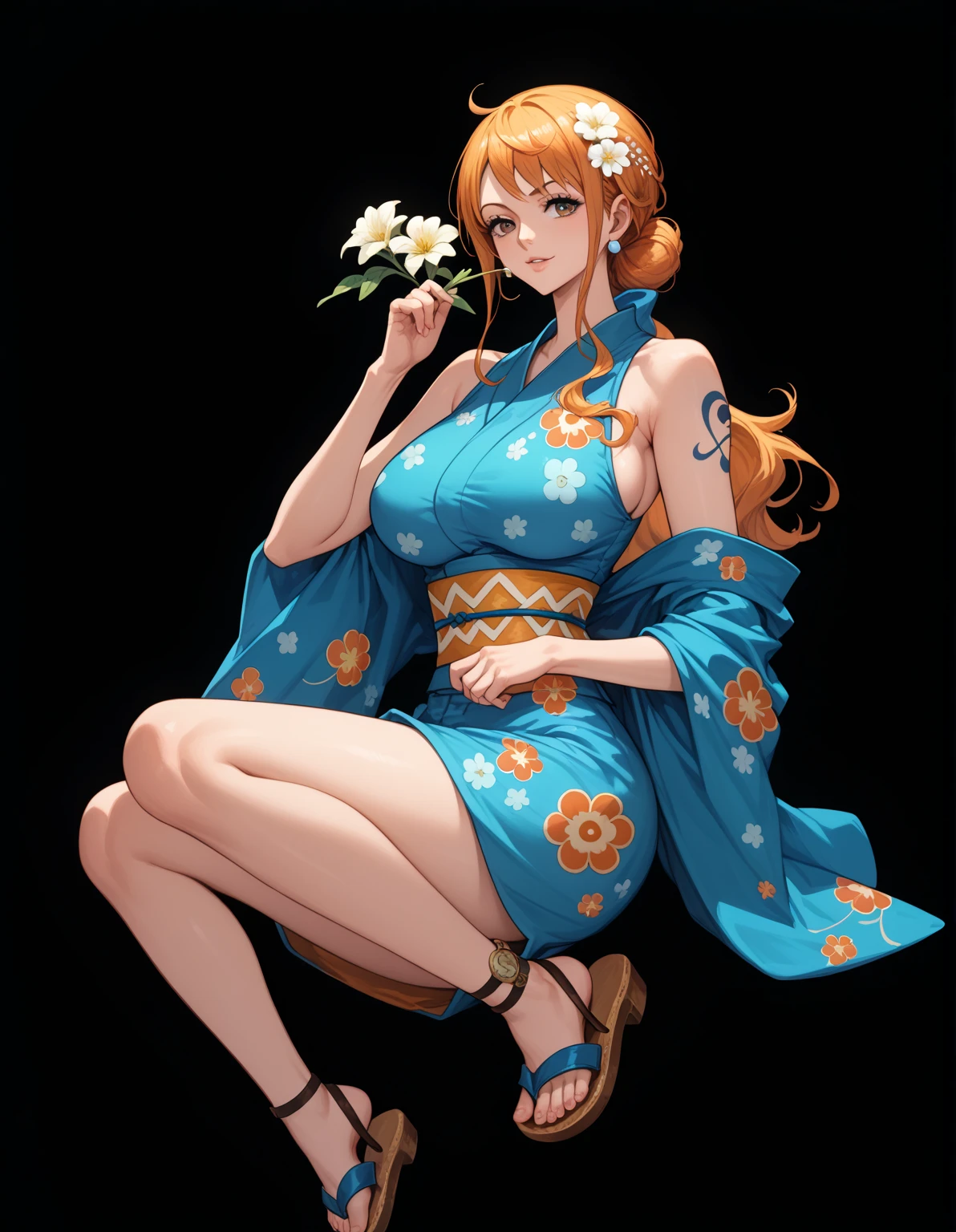 nam1, simple black background
1girl, solo, wano-outfit, flower pattern, sleeveless blue kimono, , large breasts, sandals