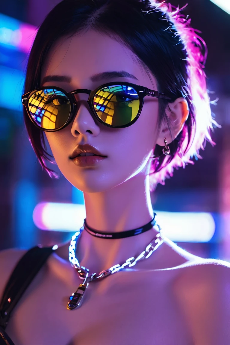 score_9, score_8_up, score_7_up, face close up, alternative girl, watching over black sunglasses, jacket, necklace, neon light reflections on skin,topless