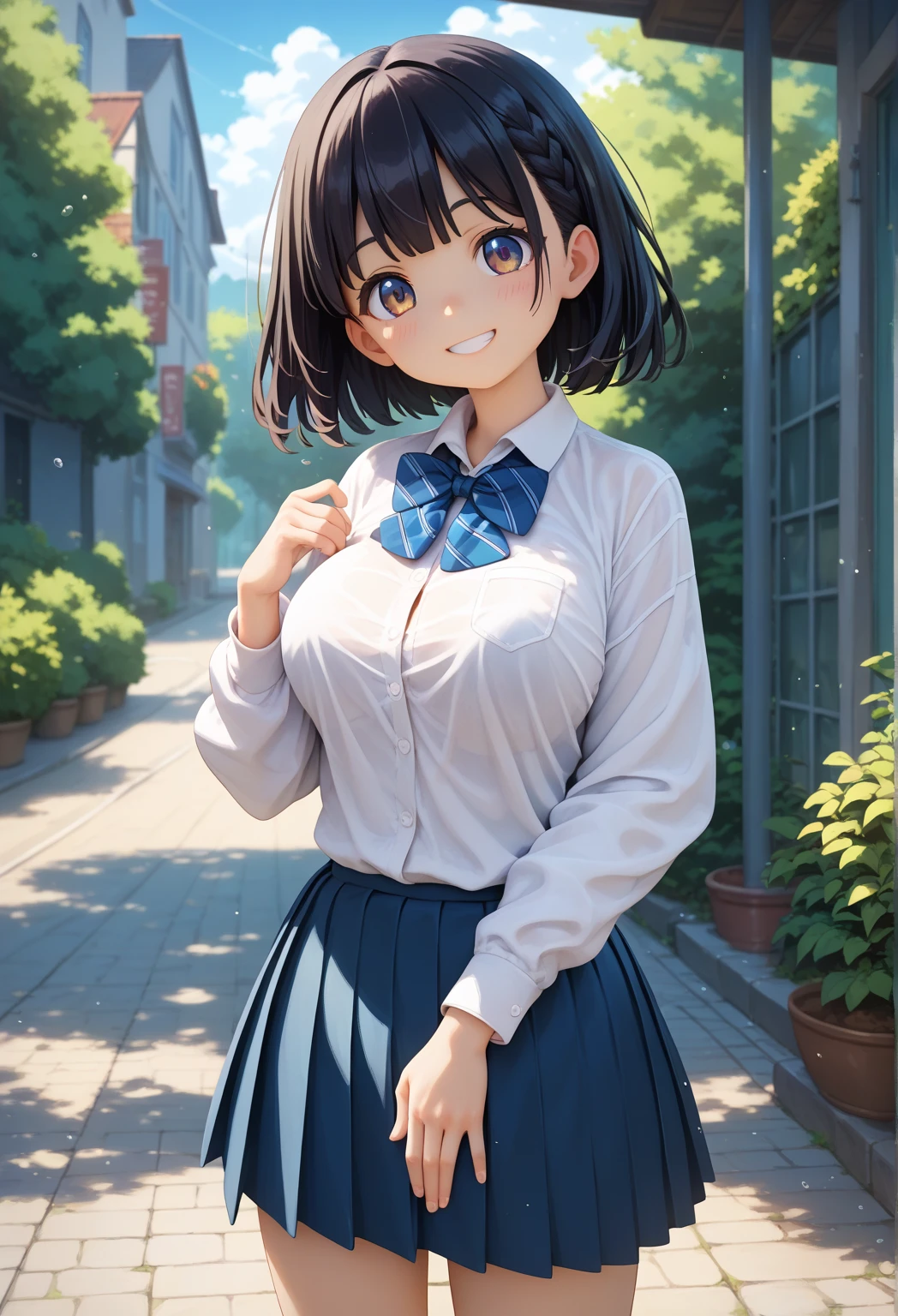 (Masterpiece:1.3、highest quality、Ultra-high resolution、Super detailed)、(Real:1.1、Photorealistic:1.4)、Beautiful illustrations、Perfect lighting、colorful、Border Depth、Beautiful Hair in Every Detail、Beautiful face in every detail、Beautiful definition details、Beautiful clavicle、Beautiful body、Beautiful breasts、Beautiful thighs、Beautiful legs、Beautiful fingers、Show Viewer、1 girl、Japanese、high school girl、Perfect Face、(Perfect Anatomy、Anatomically correct)、Cute and symmetrical face、Baby face、Sunburn、Skin radiance、(Camel Toe:1.5、Shaved:1.2)、Beautiful Hair、Asymmetrical Bangs、blue eyes、Long eyelashes、(Chest)、Skinny、(Pull up your skirt、Not wearing underwear、No underwear:1.5)、((Collared short-sleeved shirt、Light blue shirt、)Grey plaid pleated skirt、Navy ones))、(Beautiful views)、evening、(Outdoor、distant cityscape)、Are standing、(Pull up your skirt yourself:1.5)、(Cute smile、Blushing、Looking up、Open your mouth)、 (Opening a girl&#39;s pussy:1.3)、hour々squat:1.2、Stick your fingers in your:1.2、