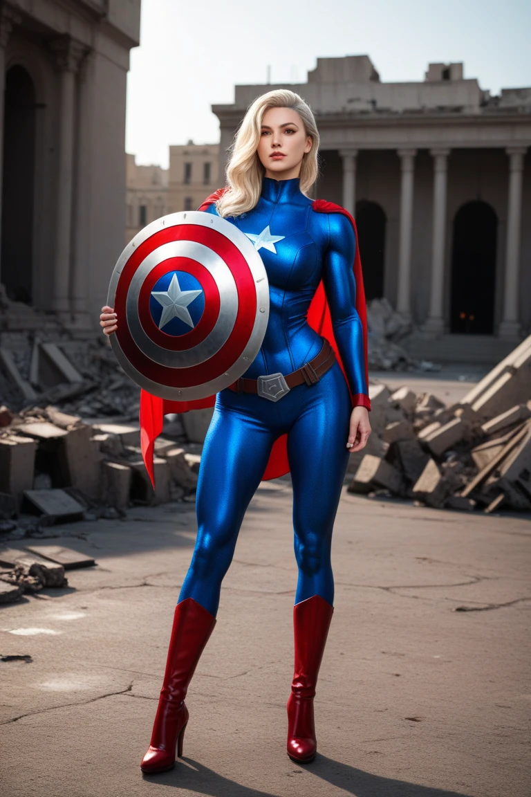 A strong and sexy woman with muscular physique stands confidently, wearing a superhero Captain America outfit. Her platinum blonde hair flows freely, catching the light as she holds her iconic, shiny shield. The scene is set in a dystopian cityscape, with towering skyscrapers in ruins, smoke billowing from the wreckage, and debris scattered across the streets. The image is hyper-realistic, with intricate details in both the character and the devastated environment, showcasing her fierce determination. The high-resolution composition captures every nuance, from the gleam of her shield to the intense expression on her face, portraying her as a powerful symbol of resilience amidst chaos.